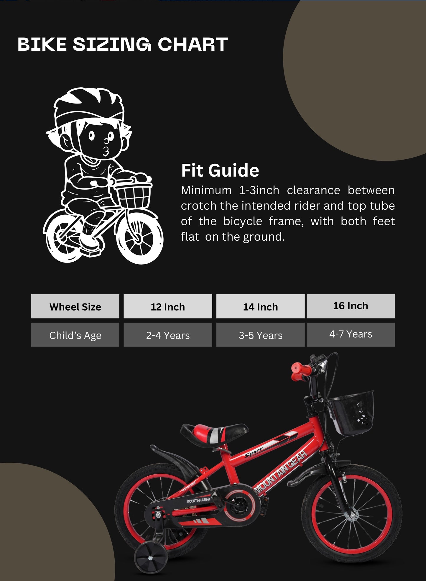 MOUNTAIN GEAR Children's Bicycle For 2-4 Years Old Kids Bike | High Carbon Steel Frame | Adjustable Seat | Smooth Bearings | Safe and Stable | 12 Inch - MG7606