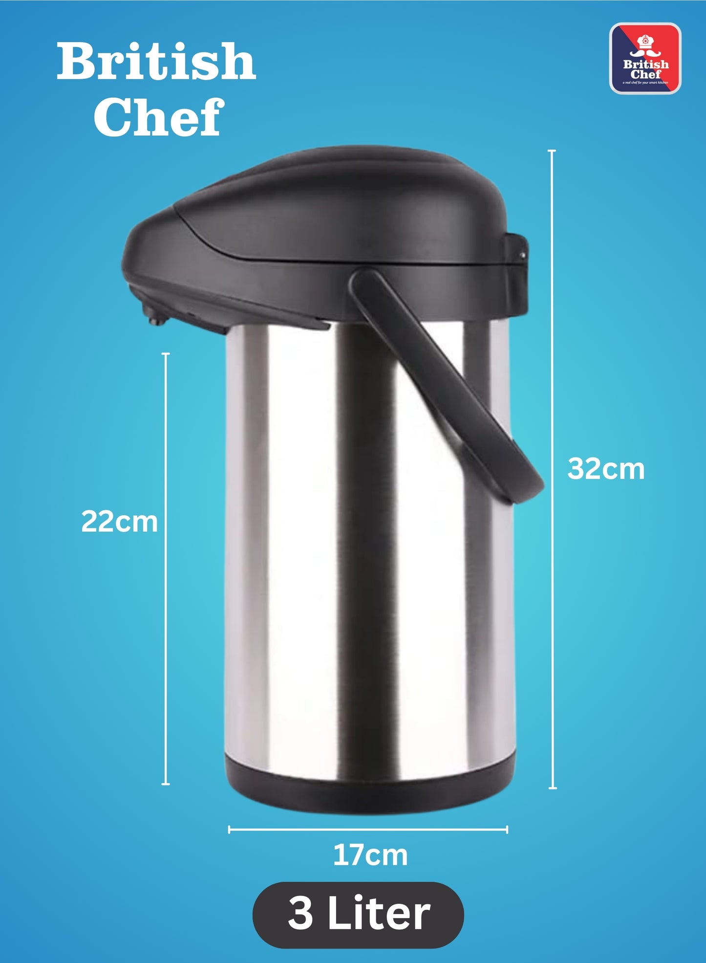 BRITISH CHEF 3L Hot & Cold Air Pot Flask | Stainless Steel Vacuum Pump with Double Wall Thermos | 360 Degree rotation Mechanism | Safety Lock | Thermal Beverage Flask | Black & Silver - BC408