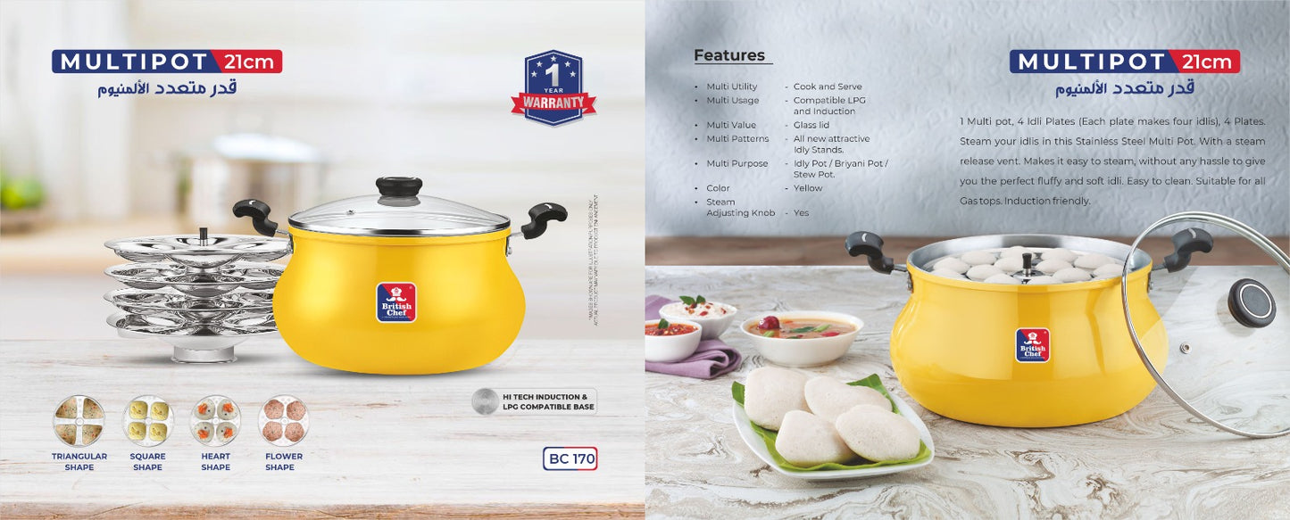 BRITISH CHEF Stainless Steel Multi Pot with Idli Plates, Multi utility and Multi usage, 4 shapes idli plates, Triangular, Square, Heart and Flower 5L - BC170