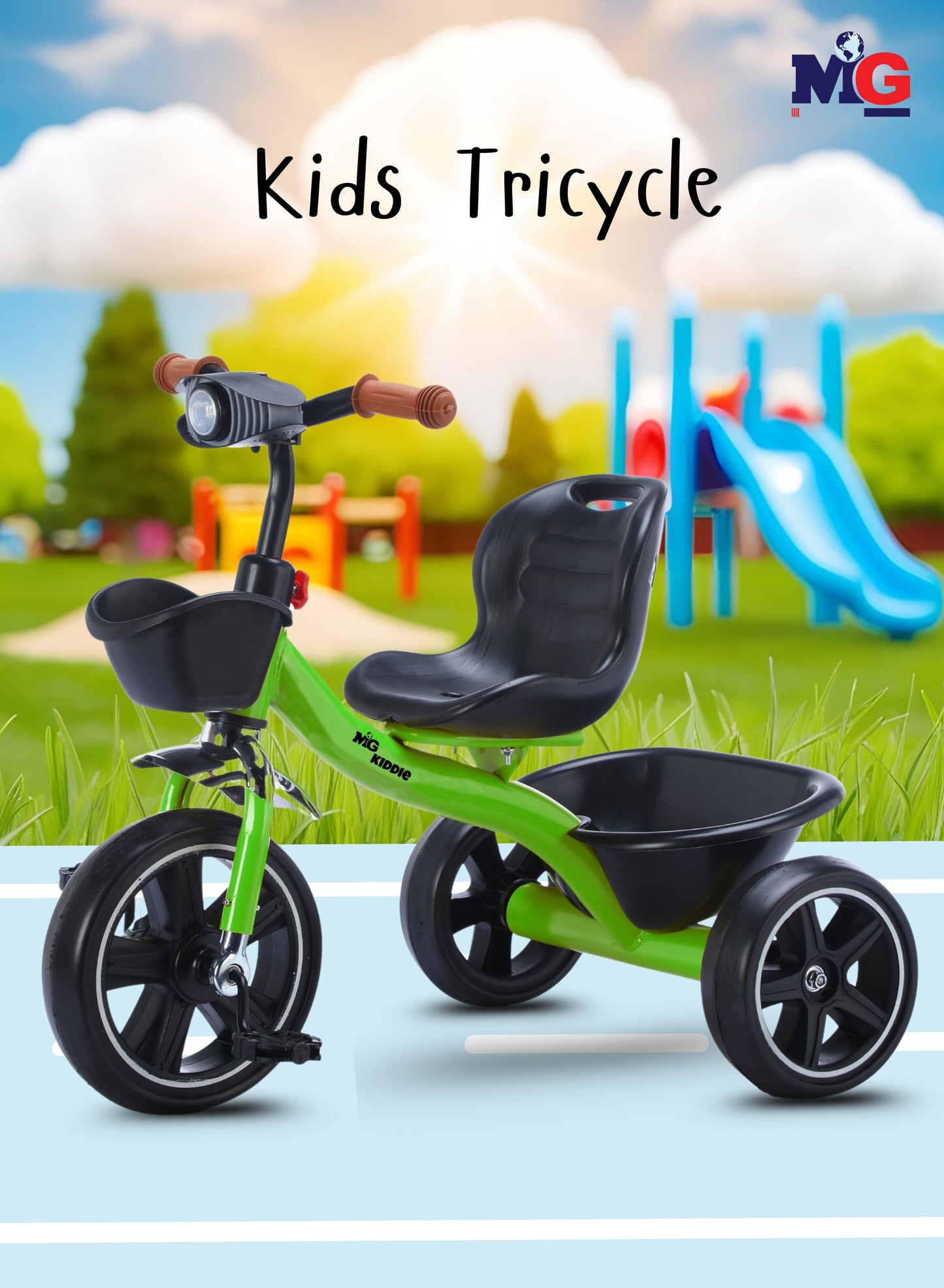 MG Tricycle for Kids | 3-Wheels Bike Scooters | Age 2 to 6 Years-| Front and Rear Basket | Front Light | Adjustable Seat | Non-Slip Tires - MGT907 GREEN