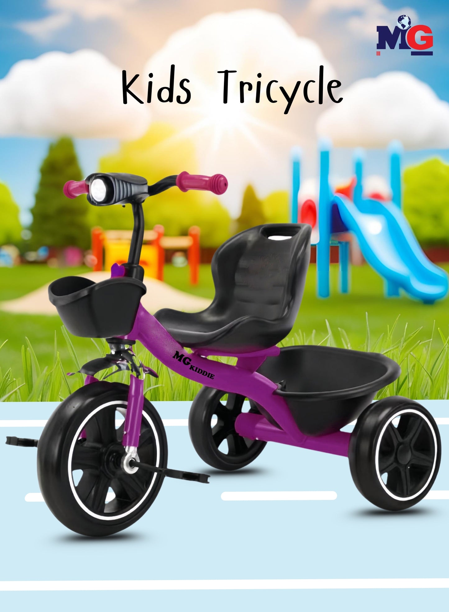 MG Tricycle for Kids | 3-Wheels Bike Scooters | Age 2 to 6 Years-| Front and Rear Basket | Front Light | Adjustable Seat | Non-Slip Tires - MGT907 PURPLE