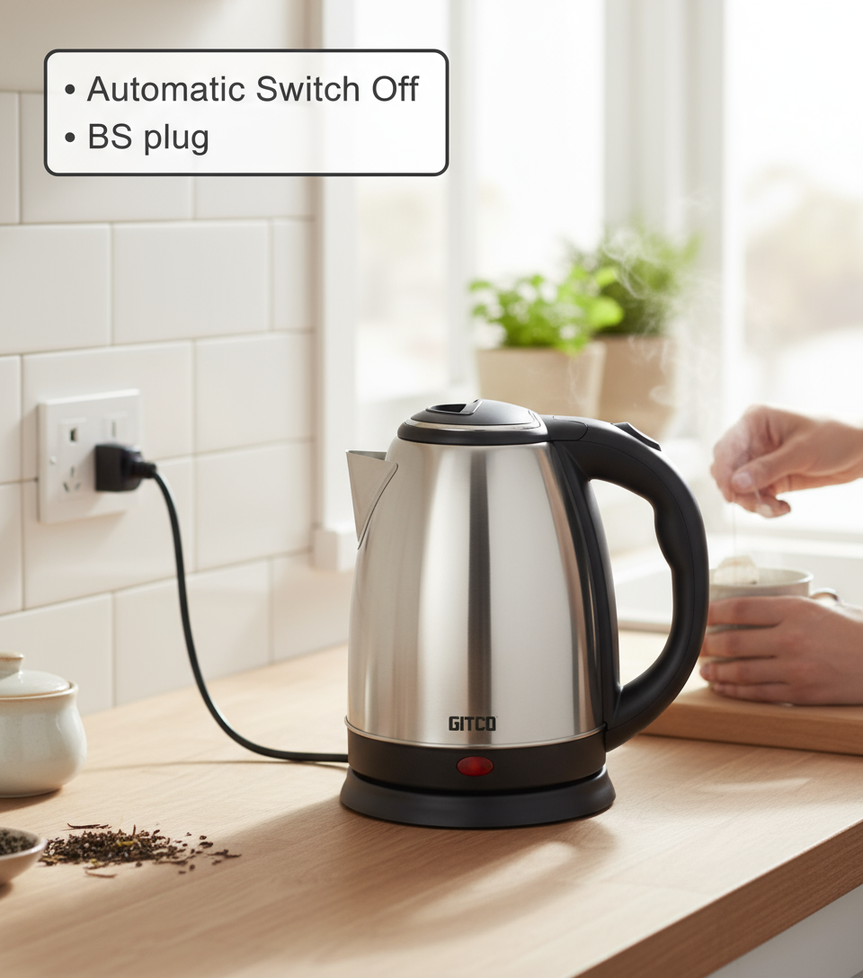 GITCO Electric Stainless Steel Kettle 1.8L Capacity with Auto Shut-Off, Fast Boiling & Dry Protection