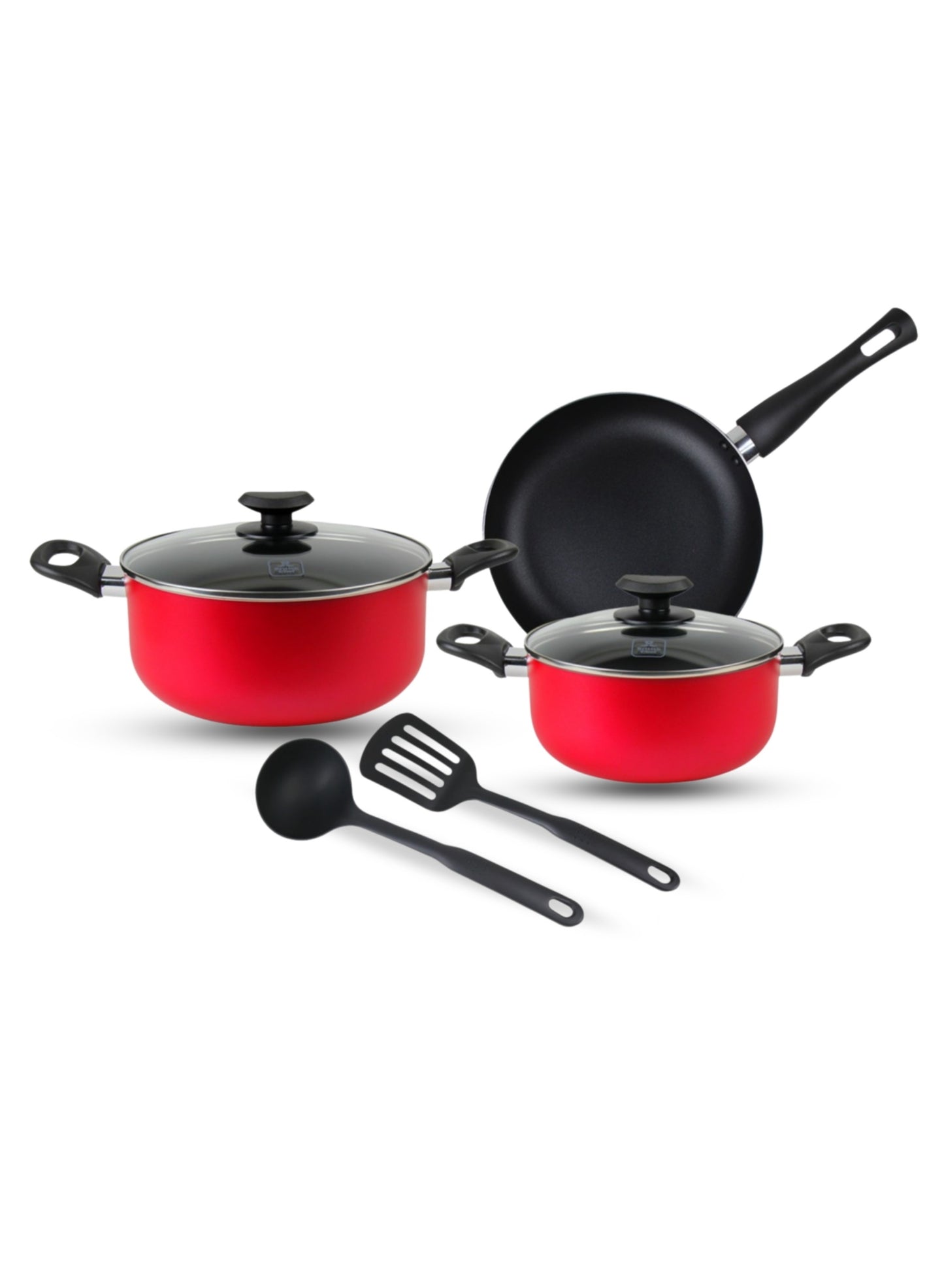 BRITISH CHEF 7 Piece Nonstick Cookware Set, 24CM Casserole + Lid, 20CM Casserole + Lid, 24CM Frypan, Nylon Turner, Nylon Ladle - BC131