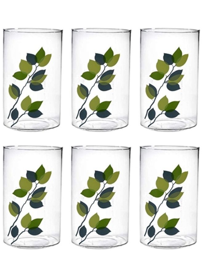 BOROSIL Vision Designer Glass Green Leaves Set Of 6 | Scratch Resistant | Microwave Safe | Lightweight | 295ML | BVVGERNLM295