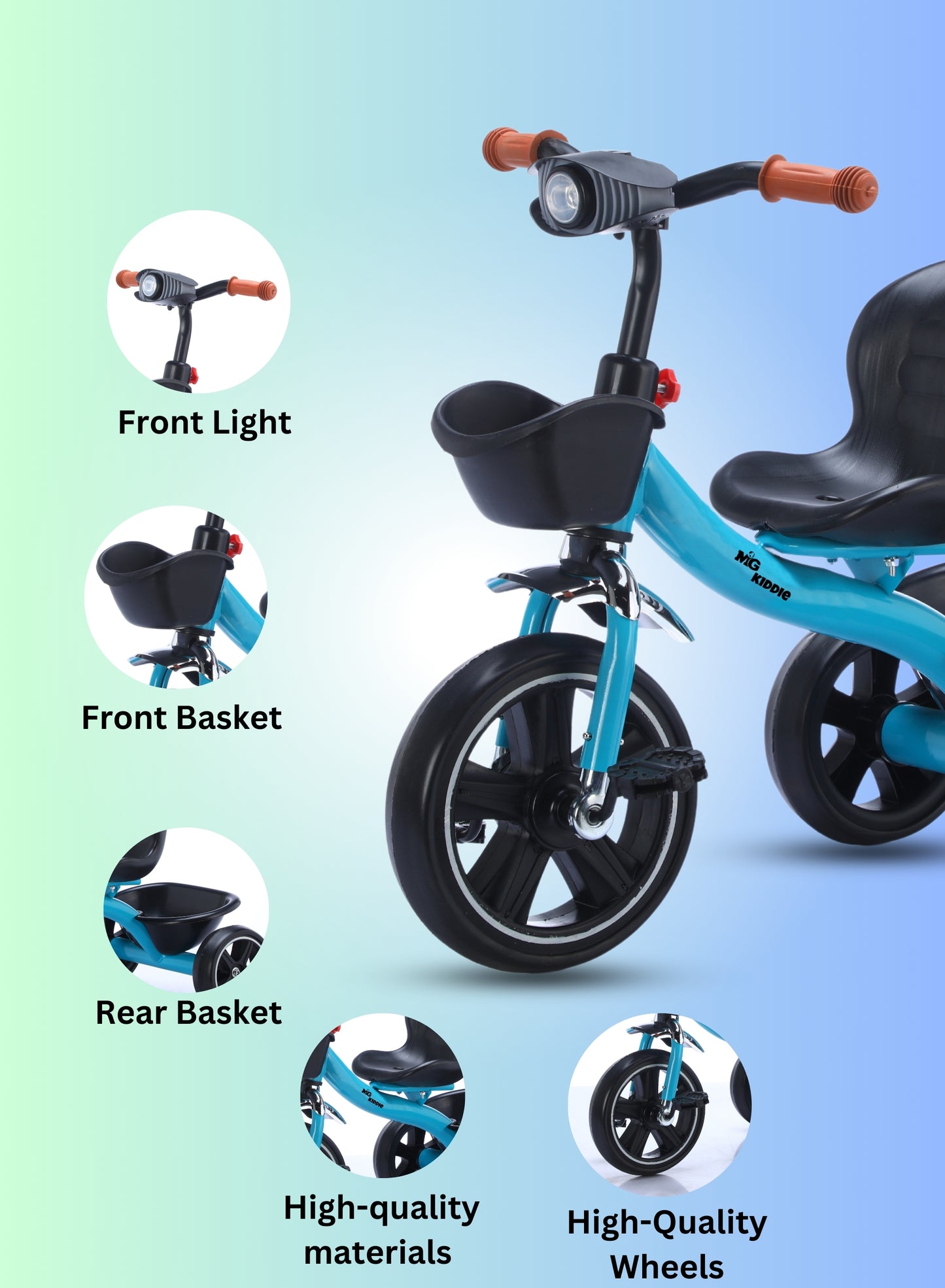 MG Tricycle for Kids | 3-Wheels Bike Scooters | Age 2 to 6 Years-| Front and Rear Basket | Front Light | Adjustable Seat | Non-Slip Tires - MGT907 BLUE