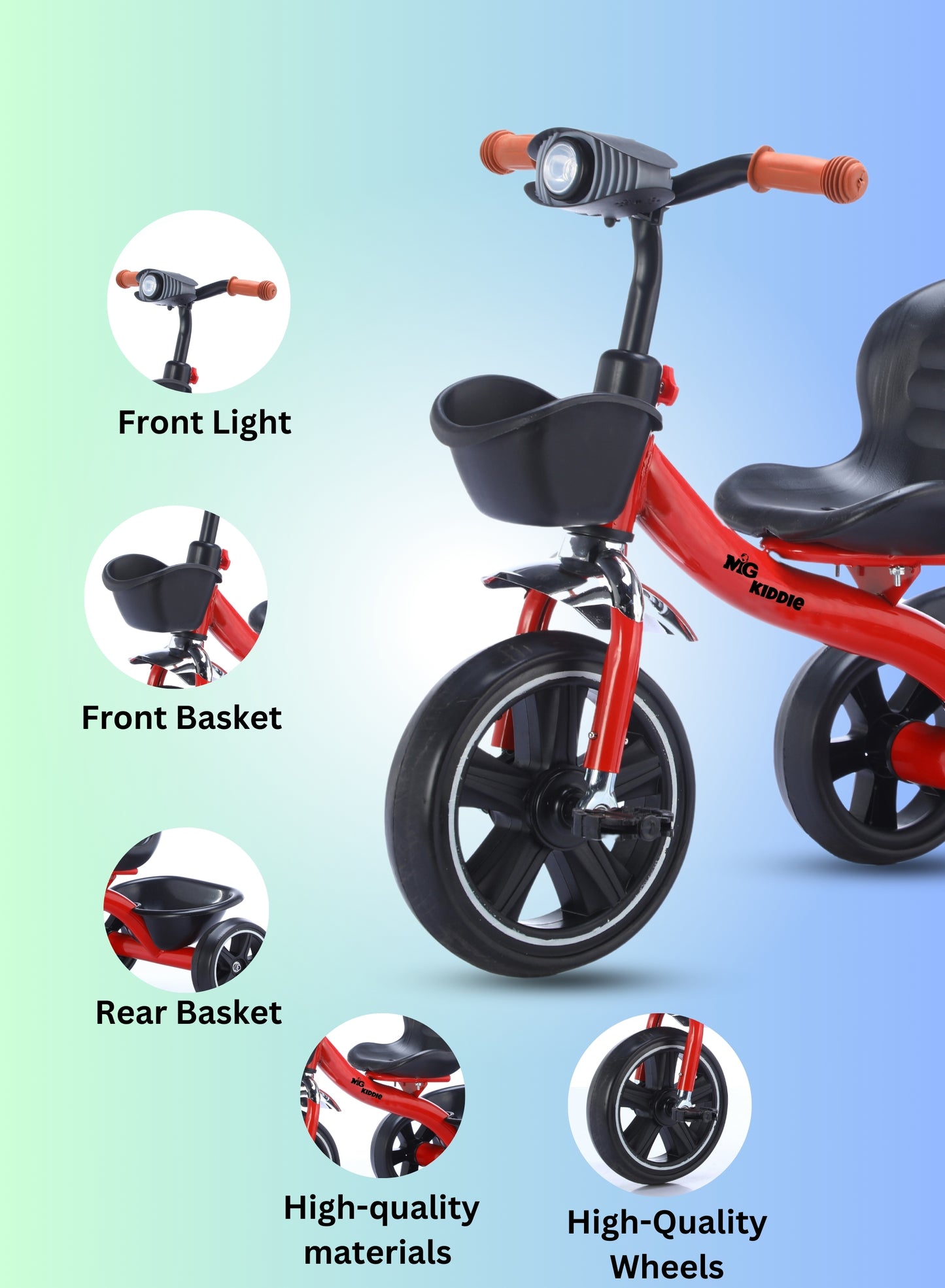 MG Tricycle for Kids | 3-Wheels Bike Scooters | Age 2 to 6 Years-| Front and Rear Basket | Front Light | Adjustable Seat | Non-Slip Tires - MGT907 RED