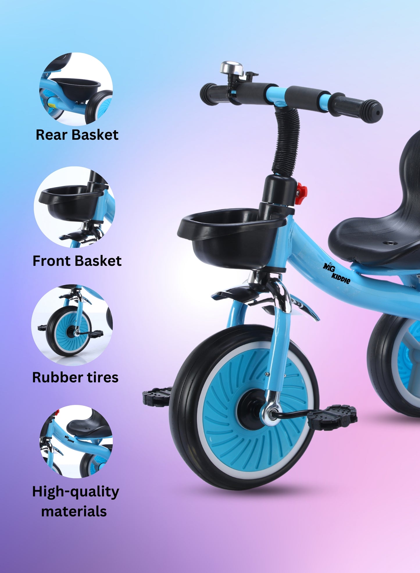 MG Tricycle for Kids | 3-Wheels Bike Scooters | Front and Rear Basket,Bell and Color Wheels | Boys and Girls | Age 1 to 5 Years Baby Tricycle - MGT906 BLUE