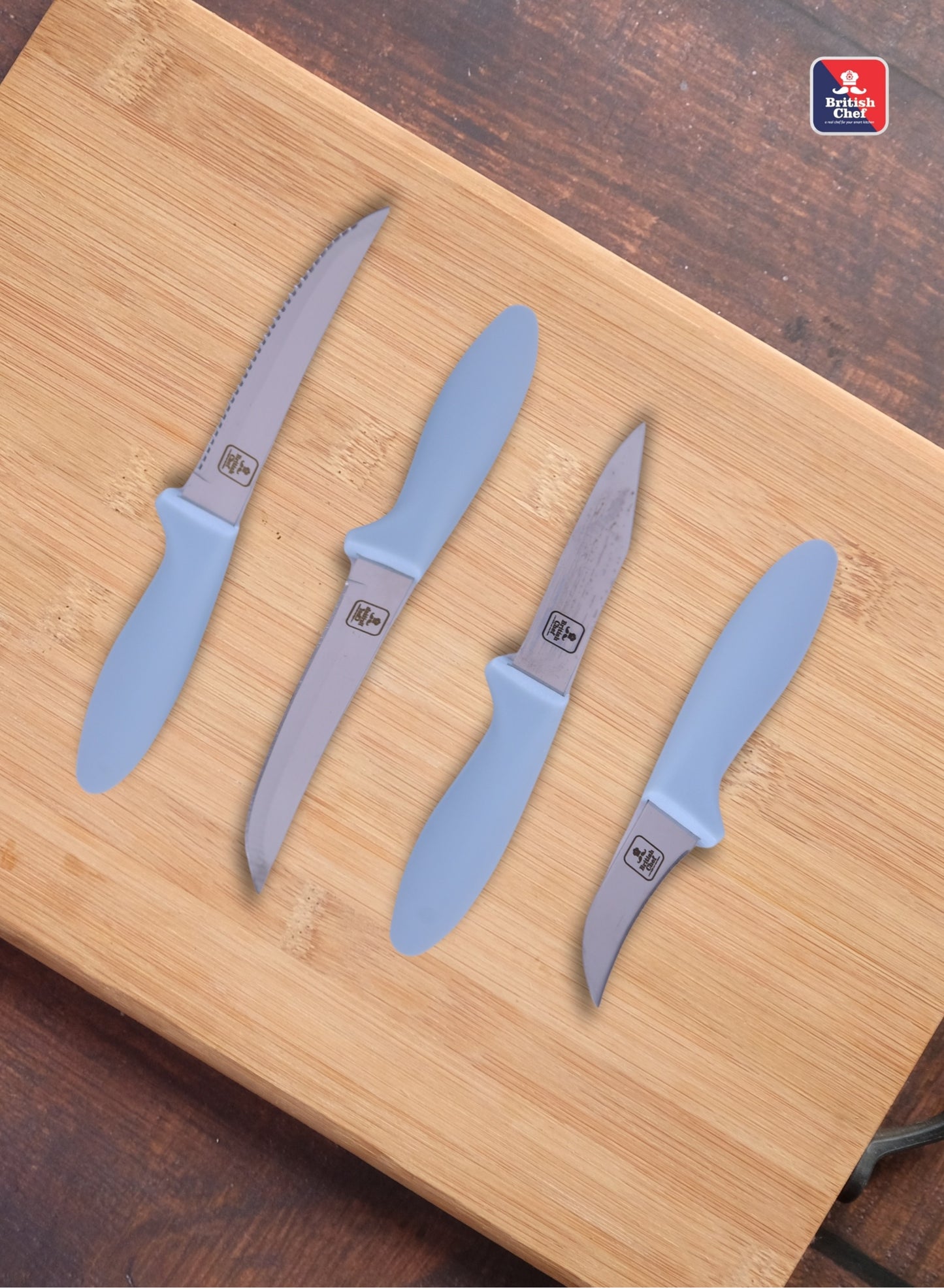 BRITISH CHEF 4 Piece Kitchen Knives Set with Silicon Handle | Sharp Stainless Steel Blades | Durable Design | Slicing | Dicing | Chopping | Carving for Home/Restaurant | Light Blue - BC335