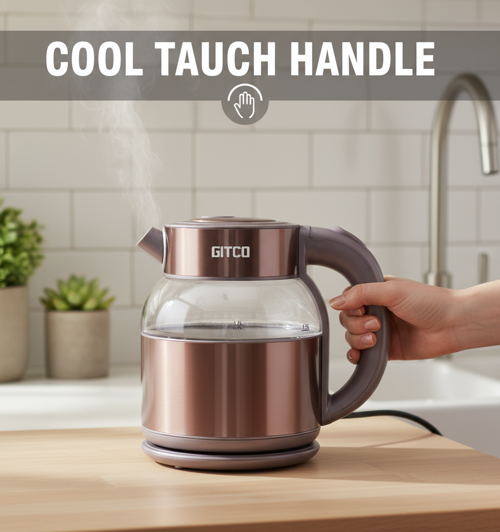GITCO Electric Double Wall Glass Kettle 1.8L Capacity with Auto Shut-Off, Fast Boiling & Dry Protection