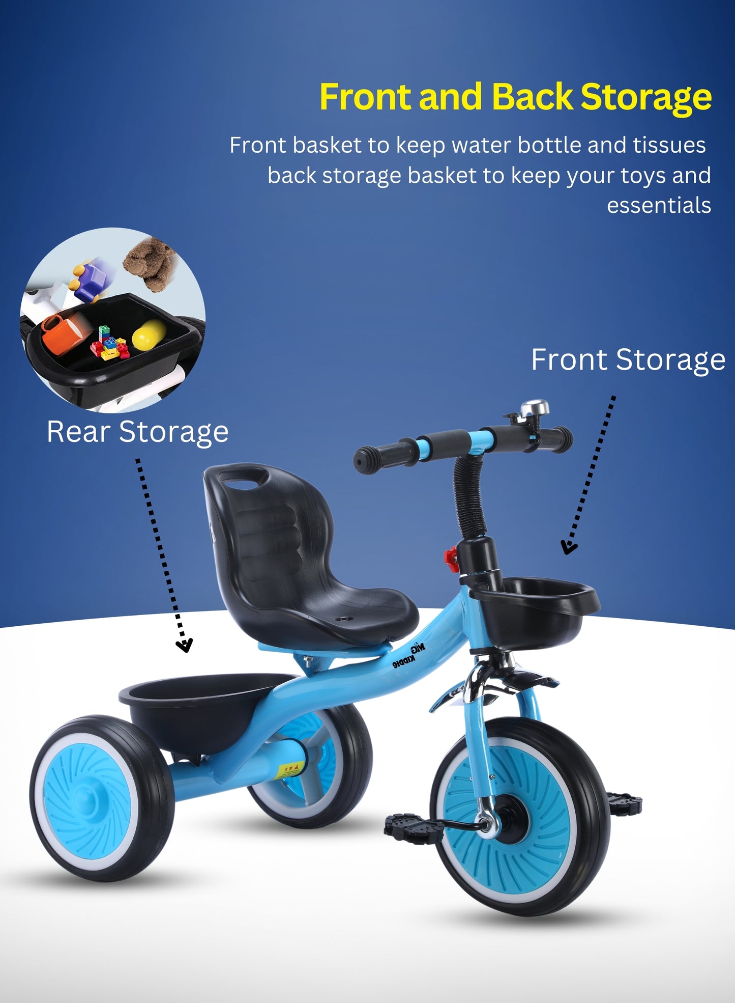 MG Tricycle for Kids | 3-Wheels Bike Scooters | Front and Rear Basket,Bell and Color Wheels | Boys and Girls | Age 1 to 5 Years Baby Tricycle - MGT906 BLUE