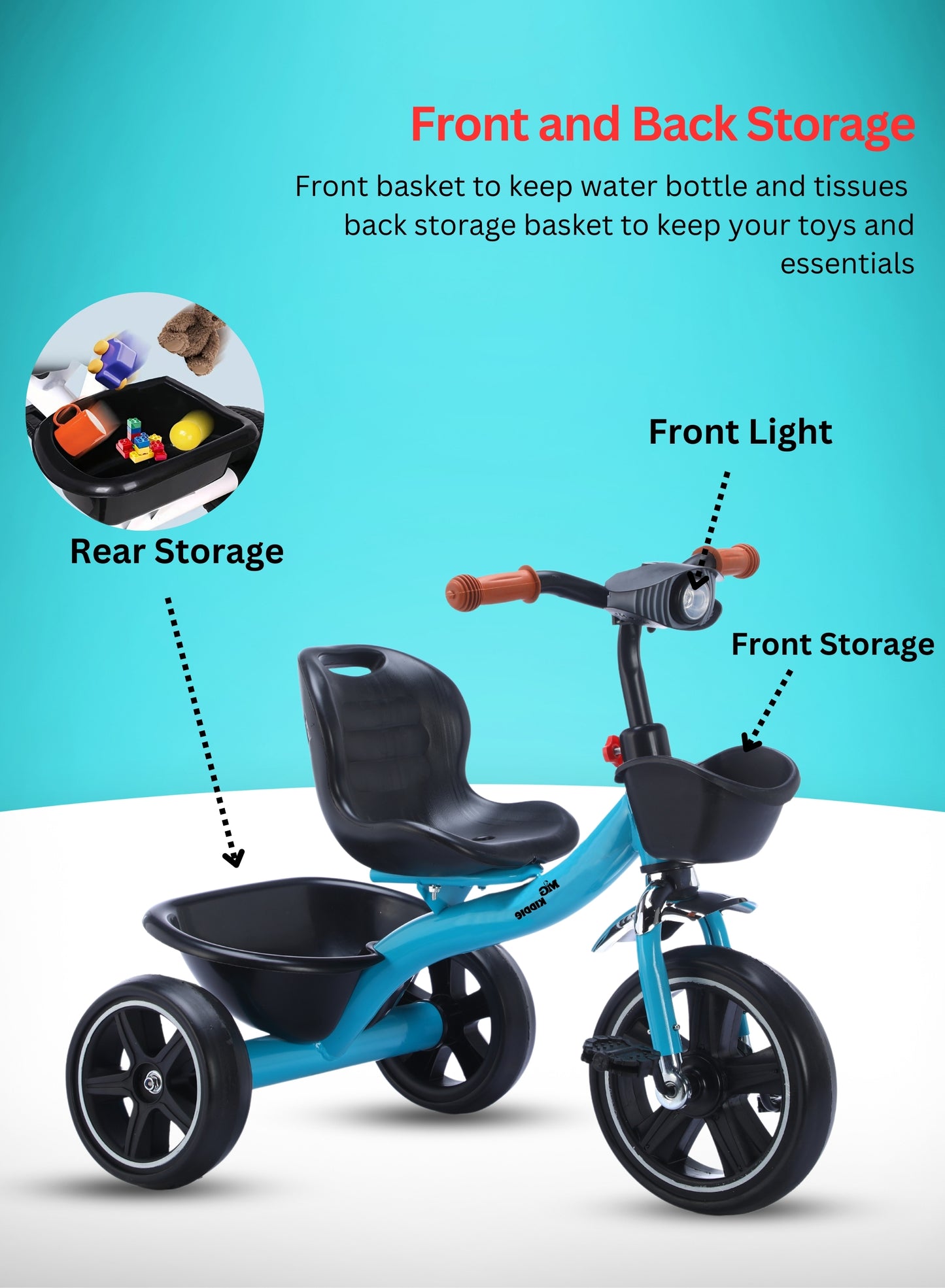 MG Tricycle for Kids | 3-Wheels Bike Scooters | Age 2 to 6 Years-| Front and Rear Basket | Front Light | Adjustable Seat | Non-Slip Tires - MGT907 BLUE