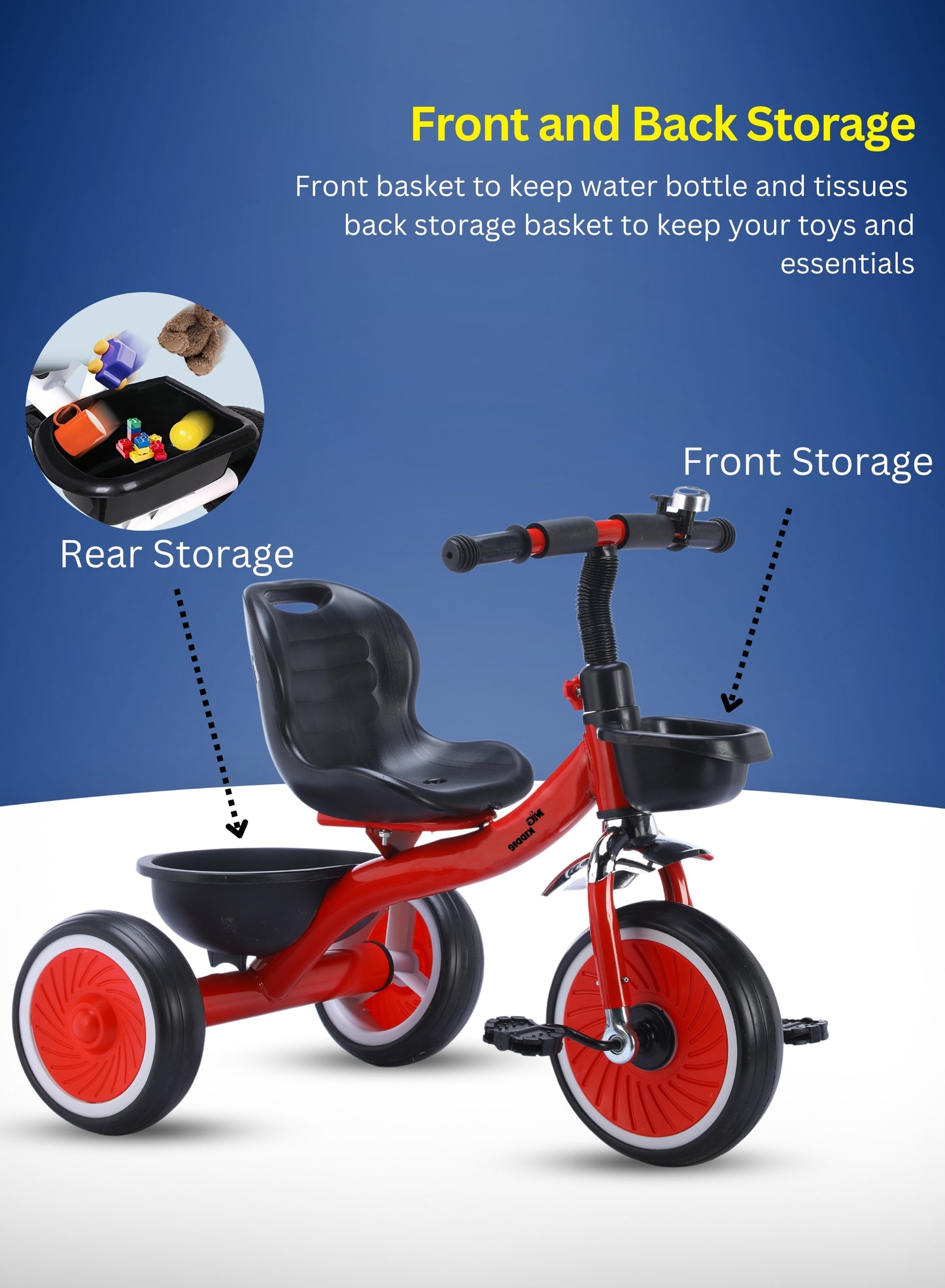 MG Tricycle for Kids | 3-Wheels Bike Scooters | Front and Rear Basket,Bell and Color Wheels | Boys and Girls | Age 1 to 5 Years Baby Tricycle - MGT906 RED