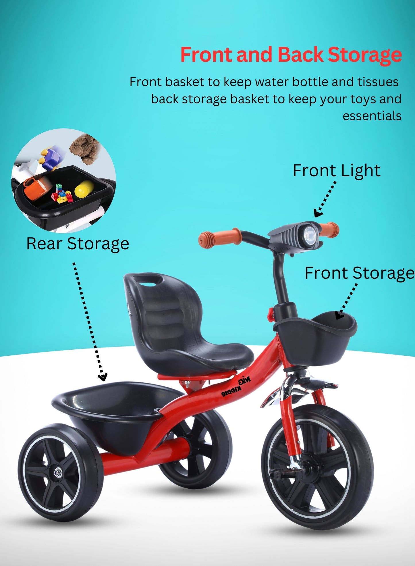 MG Tricycle for Kids | 3-Wheels Bike Scooters | Age 2 to 6 Years-| Front and Rear Basket | Front Light | Adjustable Seat | Non-Slip Tires - MGT907 RED