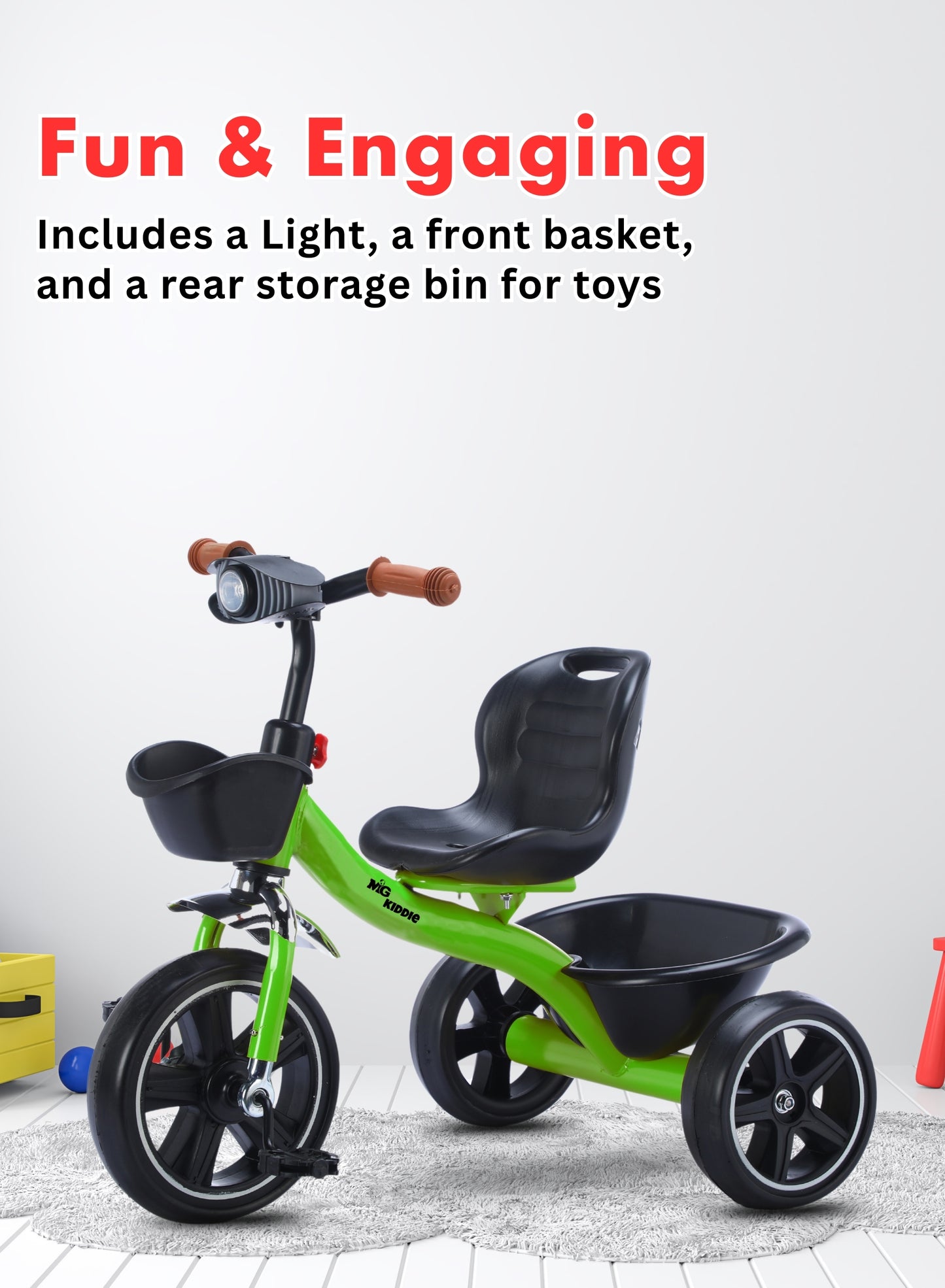 MG Tricycle for Kids | 3-Wheels Bike Scooters | Age 2 to 6 Years-| Front and Rear Basket | Front Light | Adjustable Seat | Non-Slip Tires - MGT907 GREEN