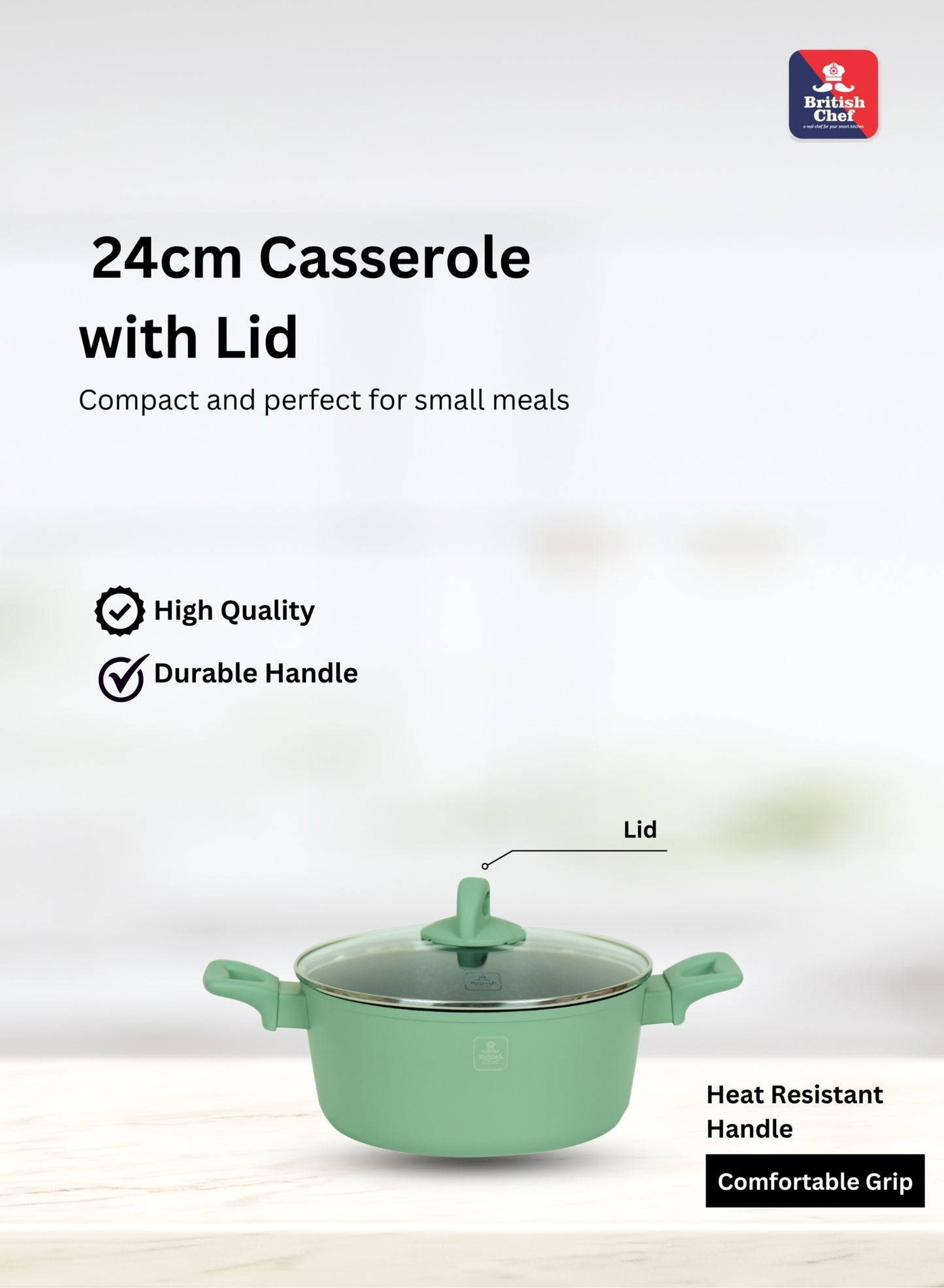 BRITISH CHEF 8 Piece Granite Coated Cookware Set, 28CM Casserole + Lid, 24CM Casserole + Lid, 16CM Saucepan, 28CM Frypan, Nylon Turner, Nylon Ladle - BC128