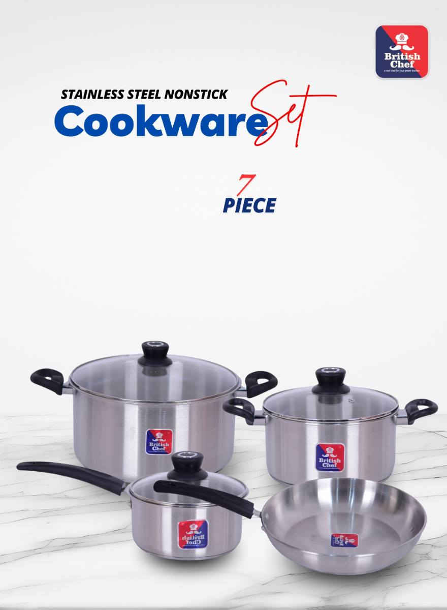 BRITISH CHEF 7 Piece Stainless Steel Nonstick Cookware Set | Induction Base, Heavy Base Bottom | 28cm Casserole+Lid | 16cm Sauce Pan | 24cm Fry pan | 20cm Casserole+Lid | BC177