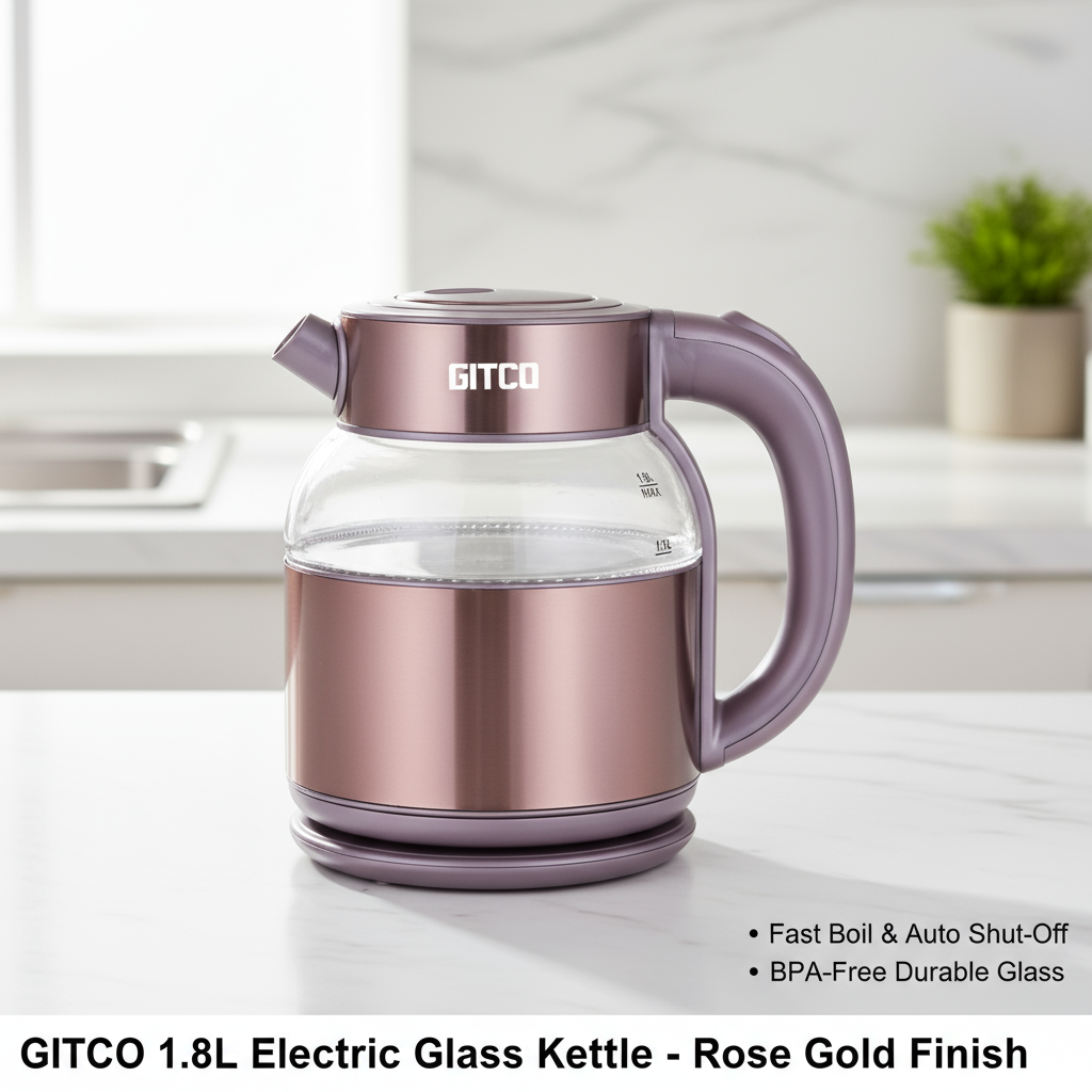 GITCO Electric Double Wall Glass Kettle 1.8L Capacity with Auto Shut-Off, Fast Boiling & Dry Protection
