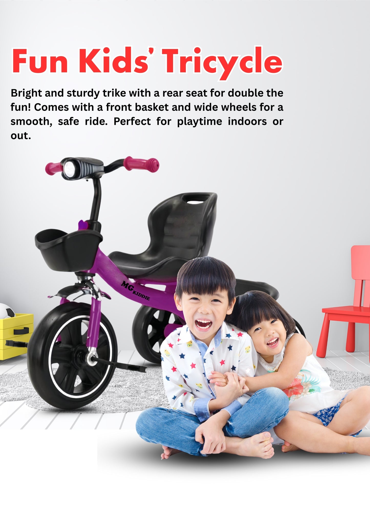 MG Tricycle for Kids | 3-Wheels Bike Scooters | Age 2 to 6 Years-| Front and Rear Basket | Front Light | Adjustable Seat | Non-Slip Tires - MGT907 PURPLE