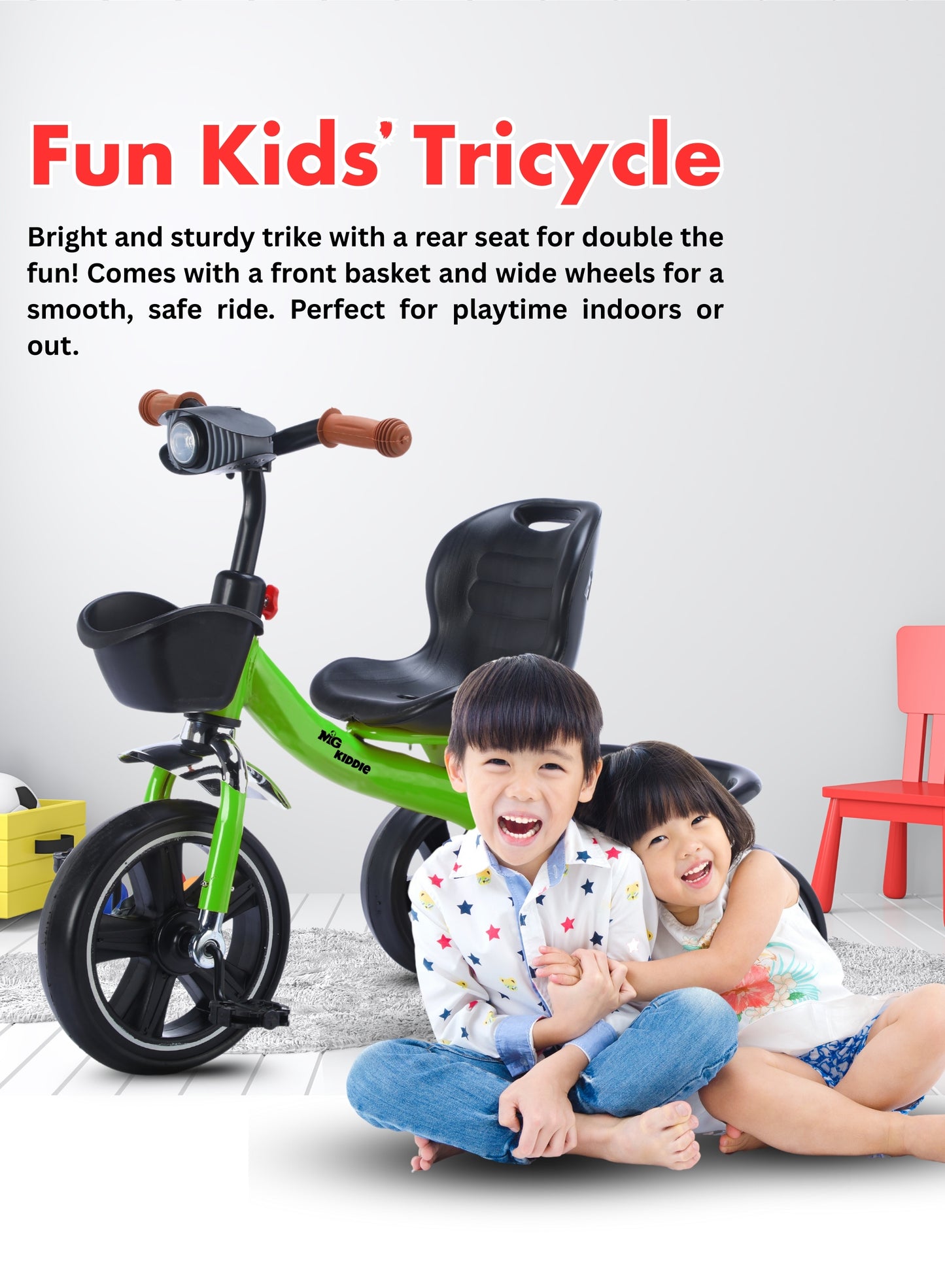 MG Tricycle for Kids | 3-Wheels Bike Scooters | Age 2 to 6 Years-| Front and Rear Basket | Front Light | Adjustable Seat | Non-Slip Tires - MGT907 GREEN