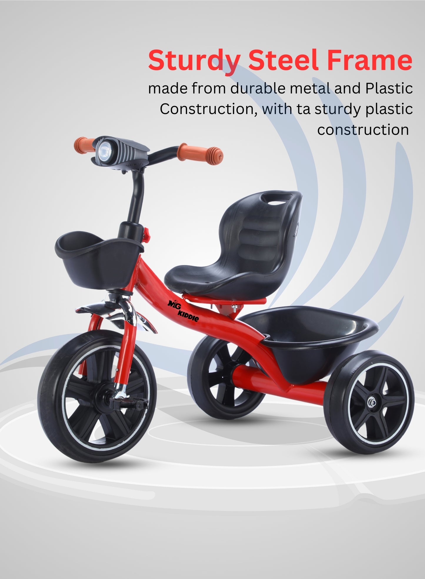 MG Tricycle for Kids | 3-Wheels Bike Scooters | Age 2 to 6 Years-| Front and Rear Basket | Front Light | Adjustable Seat | Non-Slip Tires - MGT907 RED