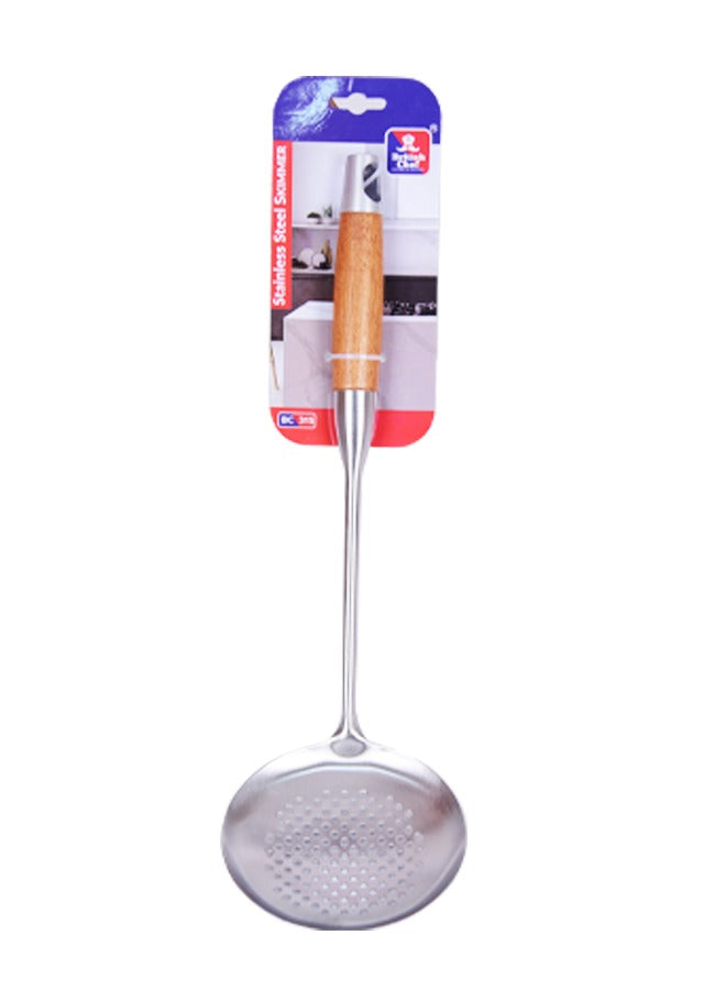 BRITISH CHEF Stainless Steel Skimmer | Wooden Handle | Slot Spoon Oil Skimmer | Long Handle Skimmer Spoon | Non-Stick | Heat Resistant | Dishwasher Safe | BC315