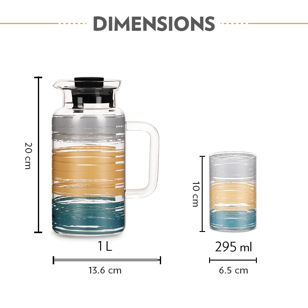 BOROSIL Glance 1L Borosilicate Multipurpose Jug With 4 Pc Set | Vision Glass | Water Jug With Handle | Jug For Dining Table | Glass Pitcher | Transparent | 295ML | BVGLANCBS4JM