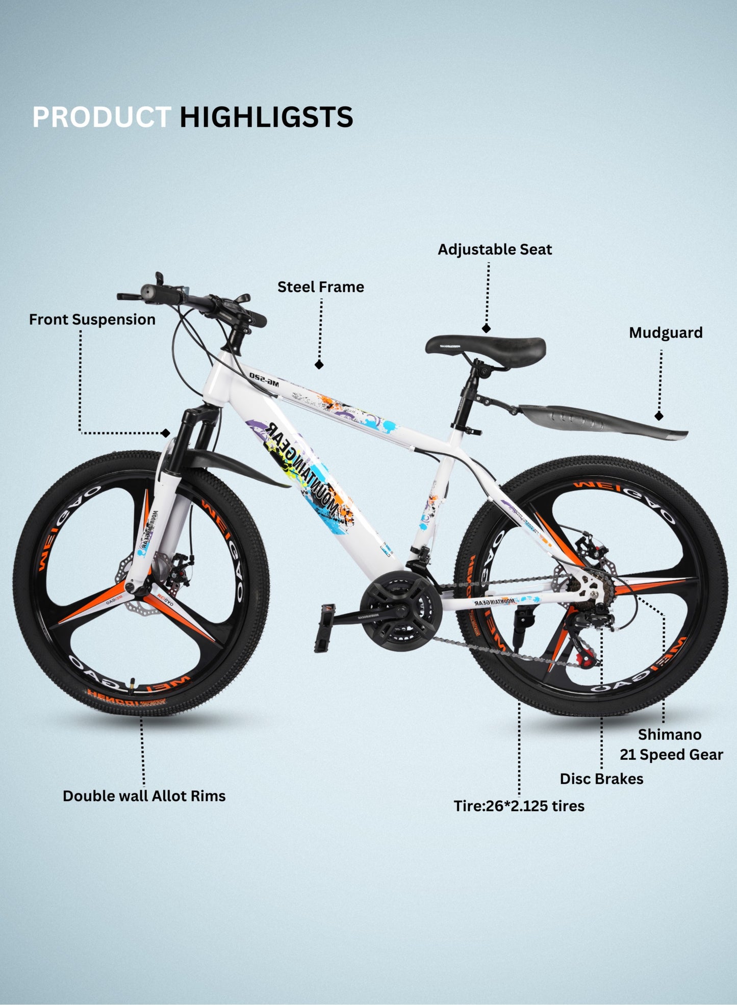MOUNTAIN GEAR 21-Speed MTB Mountain Bike | 24-Inch Bicycle with High Carbon Steel Frame | Mag Wheel | Disc Brakes | 38 Shock-Absorbing Front Fork | TX-30 Shimano Shifters | PVC Pedals | MTB Seat - MGR311383