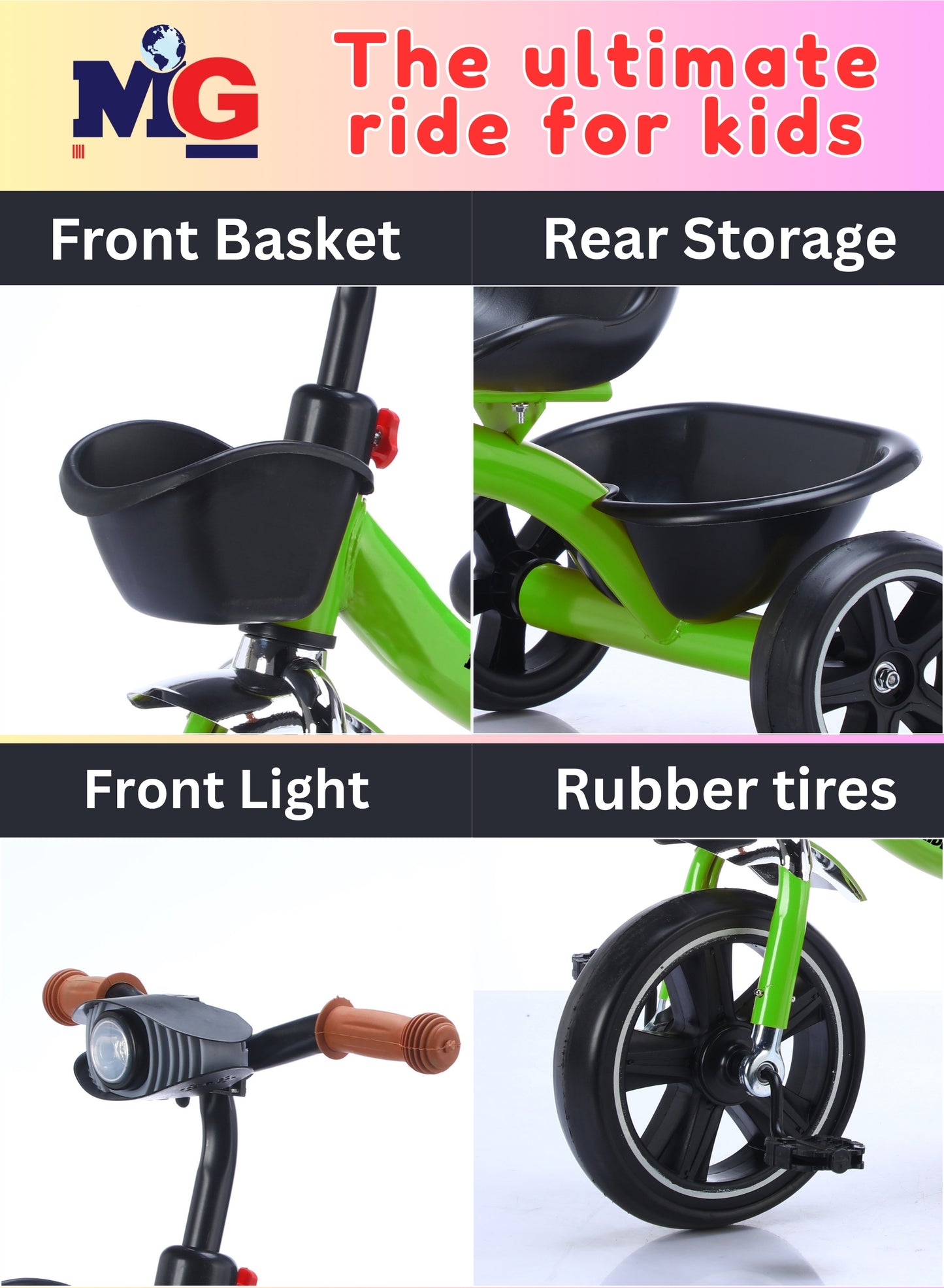 MG Tricycle for Kids | 3-Wheels Bike Scooters | Age 2 to 6 Years-| Front and Rear Basket | Front Light | Adjustable Seat | Non-Slip Tires - MGT907 GREEN