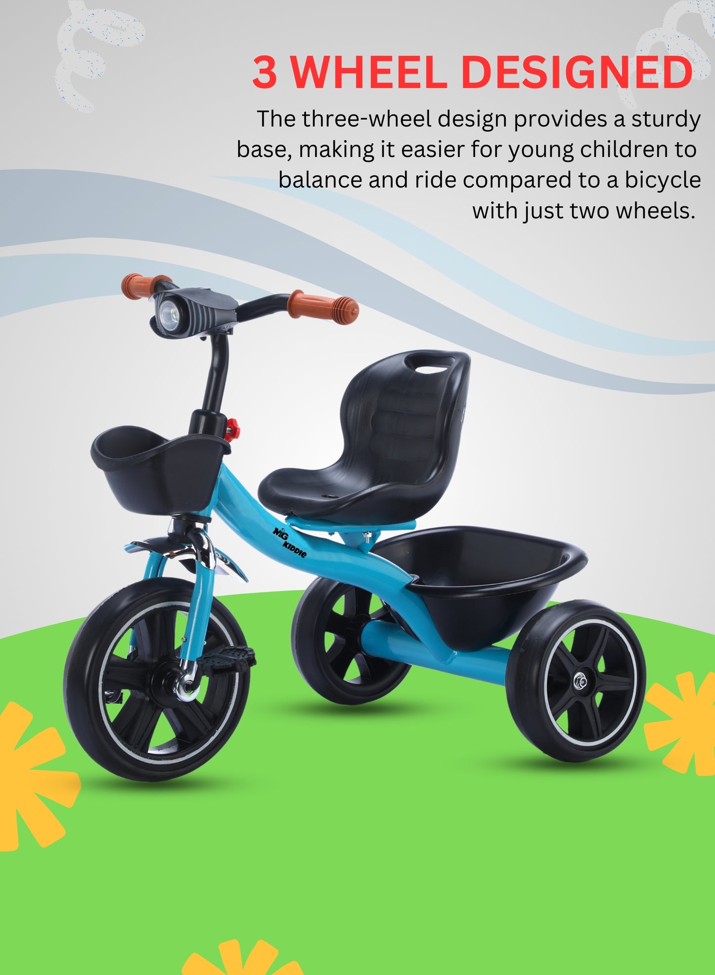 MG Tricycle for Kids | 3-Wheels Bike Scooters | Age 2 to 6 Years-| Front and Rear Basket | Front Light | Adjustable Seat | Non-Slip Tires - MGT907 BLUE