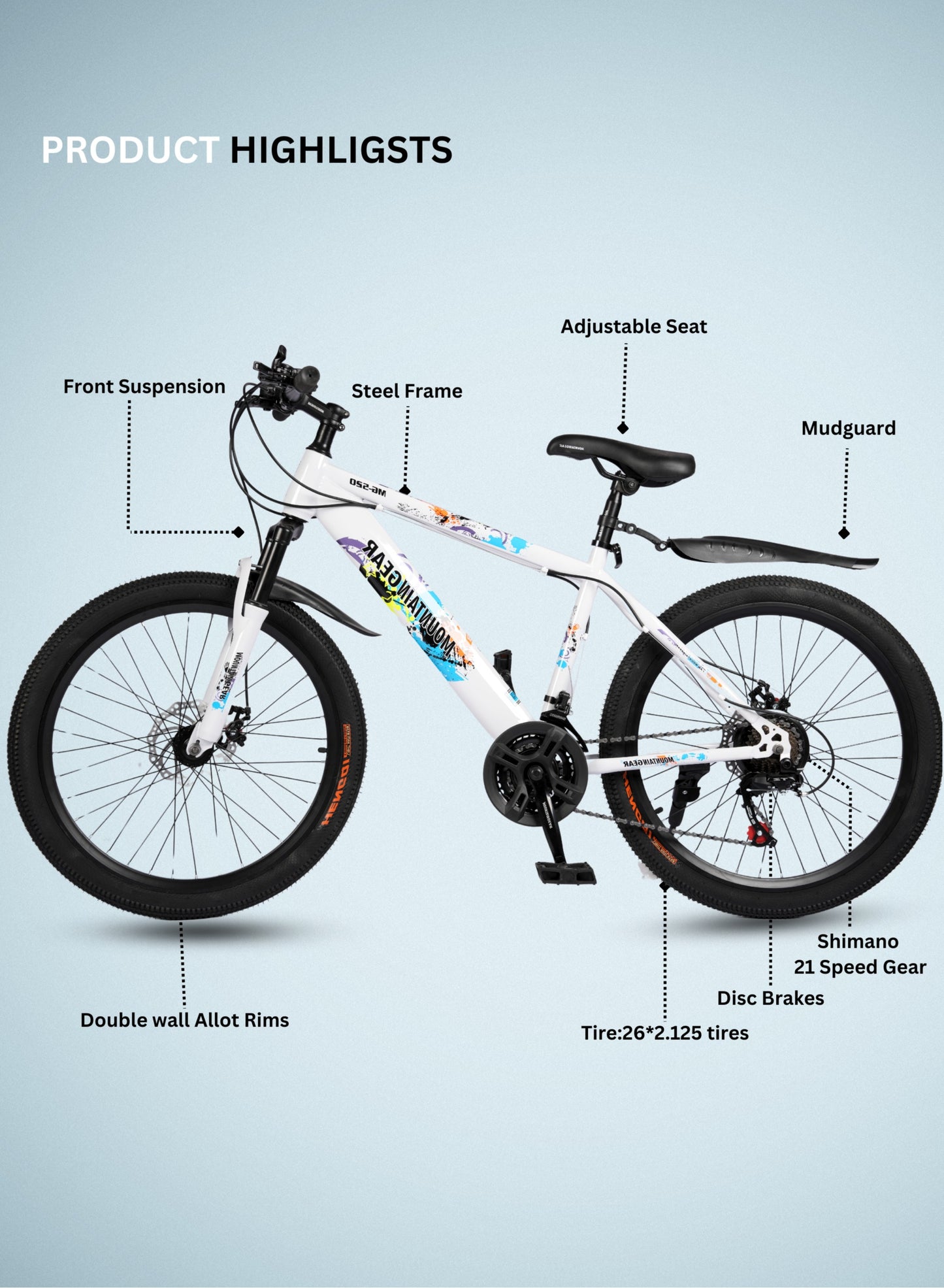 MOUNTAIN GEAR 21-Speed MTB Mountain Bike | 24-Inch Bicycle with High Carbon Steel Frame | Spoke Wheel | Disc Brakes | 38 Shock-Absorbing Front Fork | TX-30 Shimano Shifters | PVC Pedals | MTB Seat - MGR311382