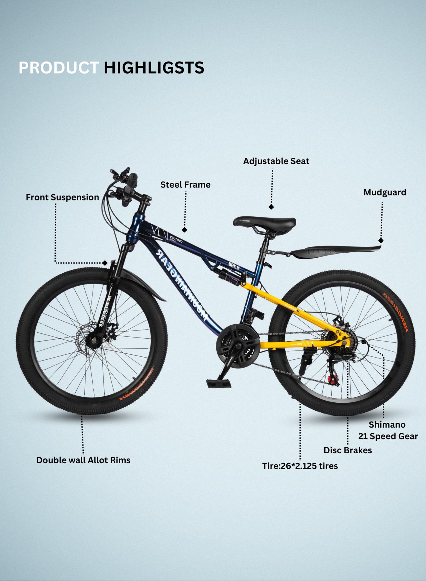 MOUNTAIN GEAR 21-Speed Mountain Bike | 24-Inch Cycle with High Carbon Steel Frame | Spoke Wheel | Disc Brakes | 38 Shock-Absorbing Front Fork | TX-30 Shimano Shifters | PVC Pedals | MTB Seat - MGR311380