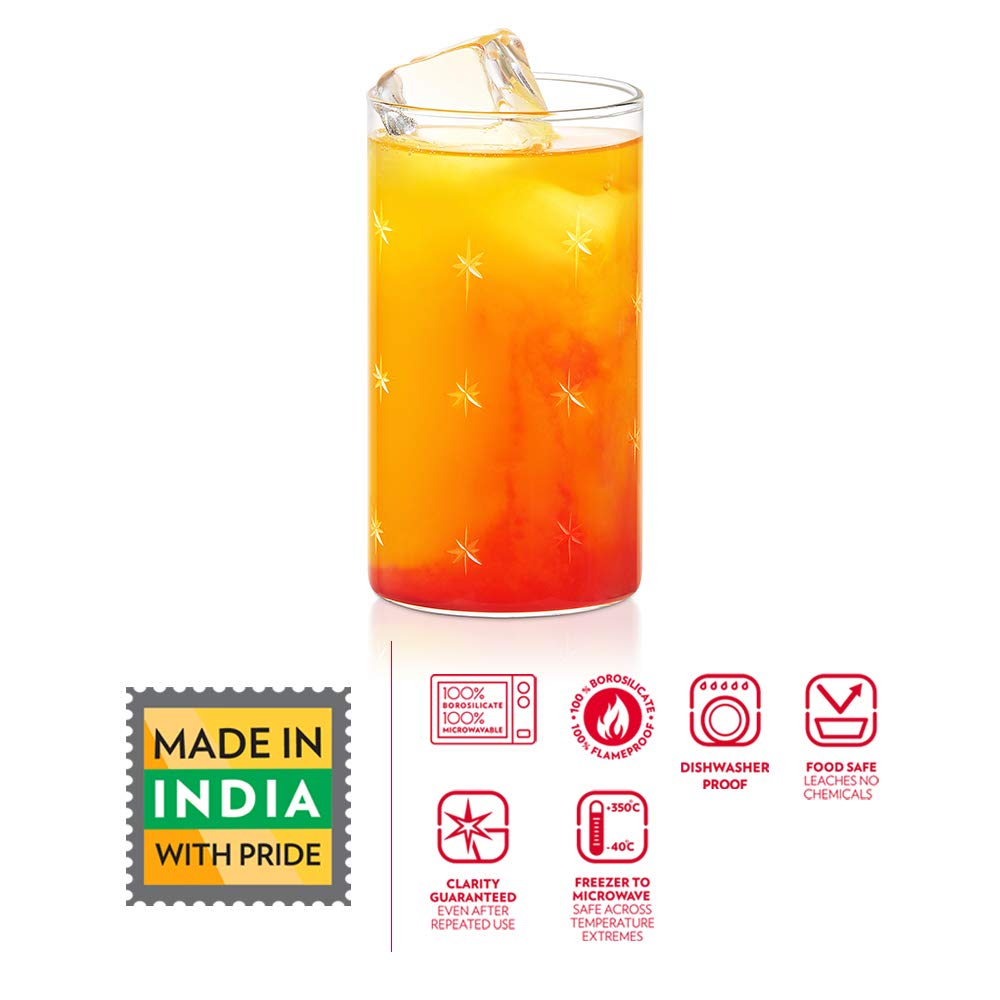 BOROSIL Vision Deco Large Galaxy Glass Set of 6 | Beverage Glasses For Juice | Clear Lightweight | Durable Drinkware | Microwavable | 350ML | BN430120034