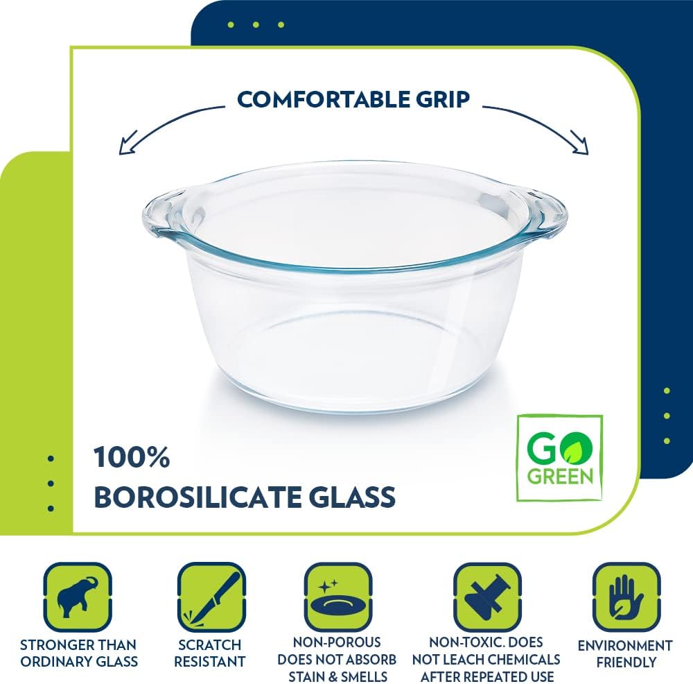 BOROSIL Deep Round Casserole With Glass Lid | Microwaveble | Scratch Resistant | Oven | Dishwasher Proof | Transparent | 1.75L | IH22CA13701EX