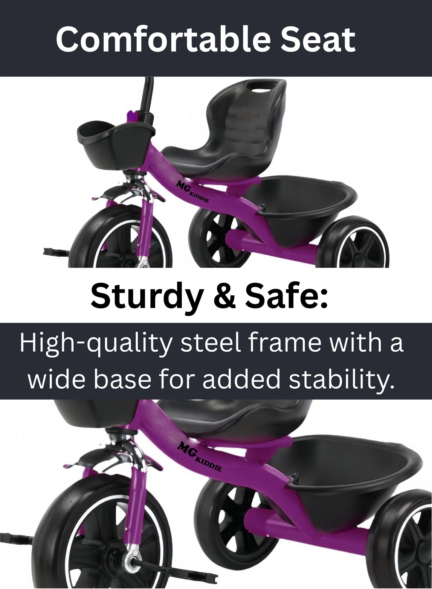 MG Tricycle for Kids | 3-Wheels Bike Scooters | Age 2 to 6 Years-| Front and Rear Basket | Front Light | Adjustable Seat | Non-Slip Tires - MGT907 PURPLE