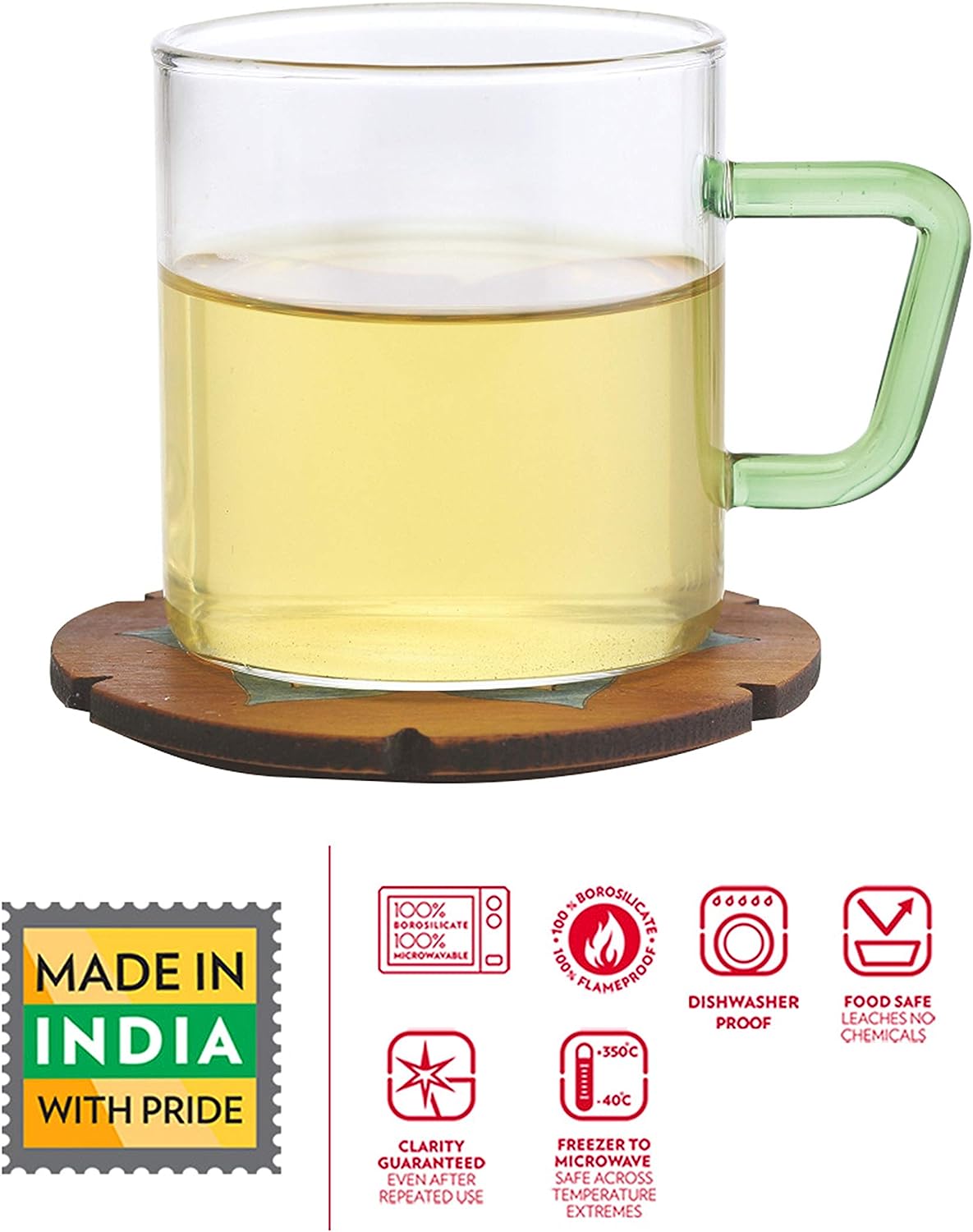 BOROSIL Vision Classic Mug Set Of 6 | Green Handle | Microwavable | Scratch Resistant | Lightweight | Borosilicate | 190ml | BVCM190GR06