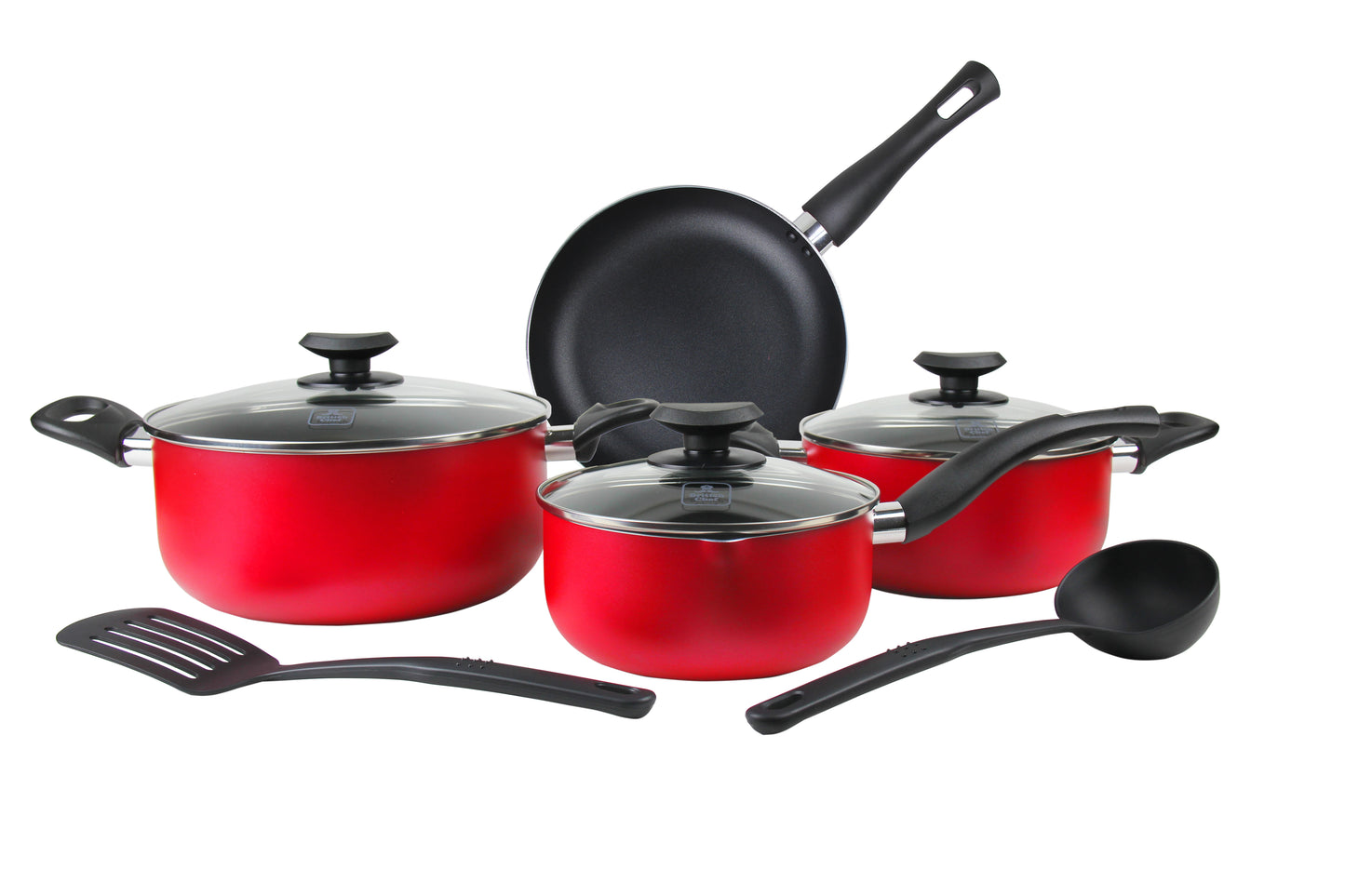 BRITISH CHEF 9 Piece Nonstick Cookware Set, 24CM Casserole + Lid, 20CM Casserole + Lid, 18CM Saucepan + Lid, 24CM Frypan + Lid, 24CM frypan, Nylon Turner, Nylon Ladle - BC109