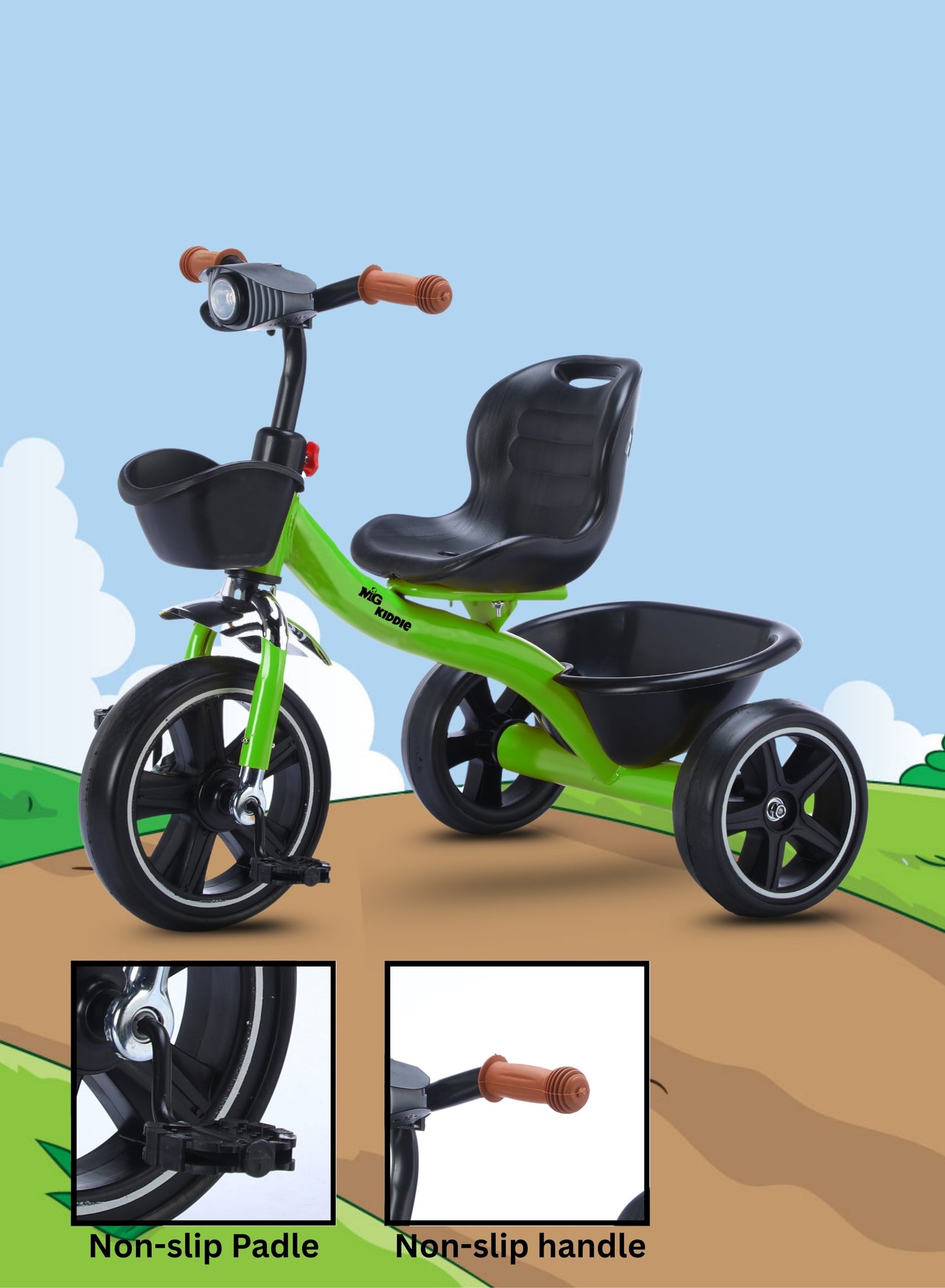 MG Tricycle for Kids | 3-Wheels Bike Scooters | Age 2 to 6 Years-| Front and Rear Basket | Front Light | Adjustable Seat | Non-Slip Tires - MGT907 GREEN