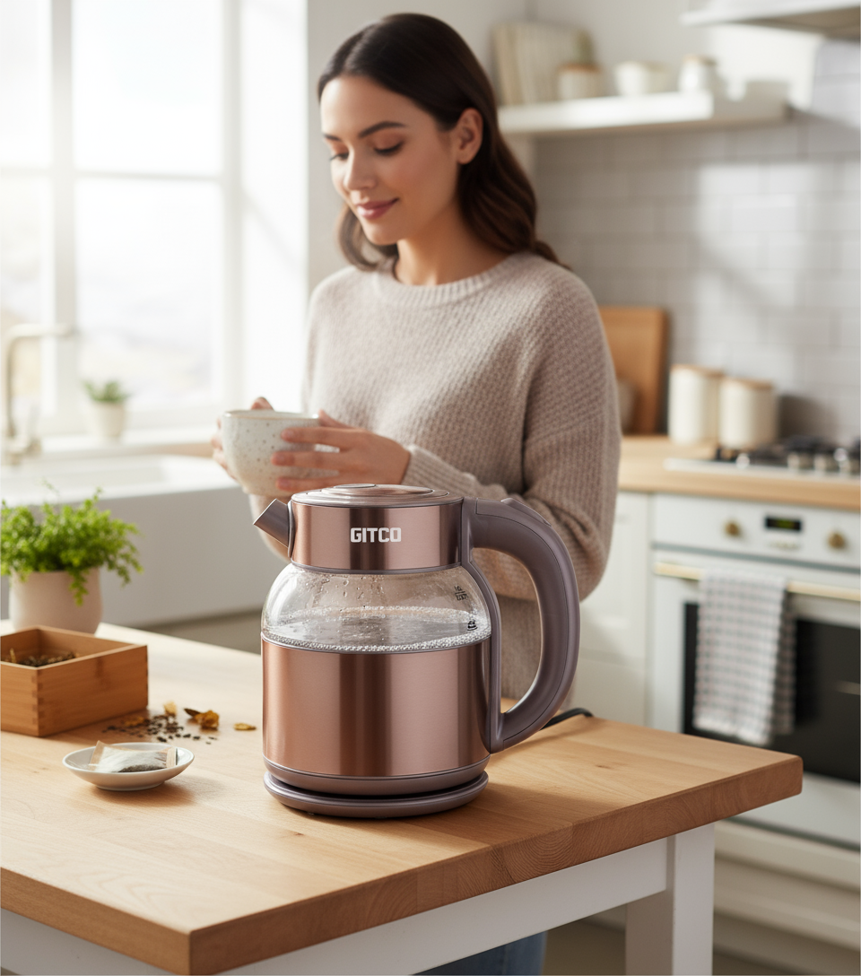 GITCO Electric Double Wall Glass Kettle 1.8L Capacity with Auto Shut-Off, Fast Boiling & Dry Protection