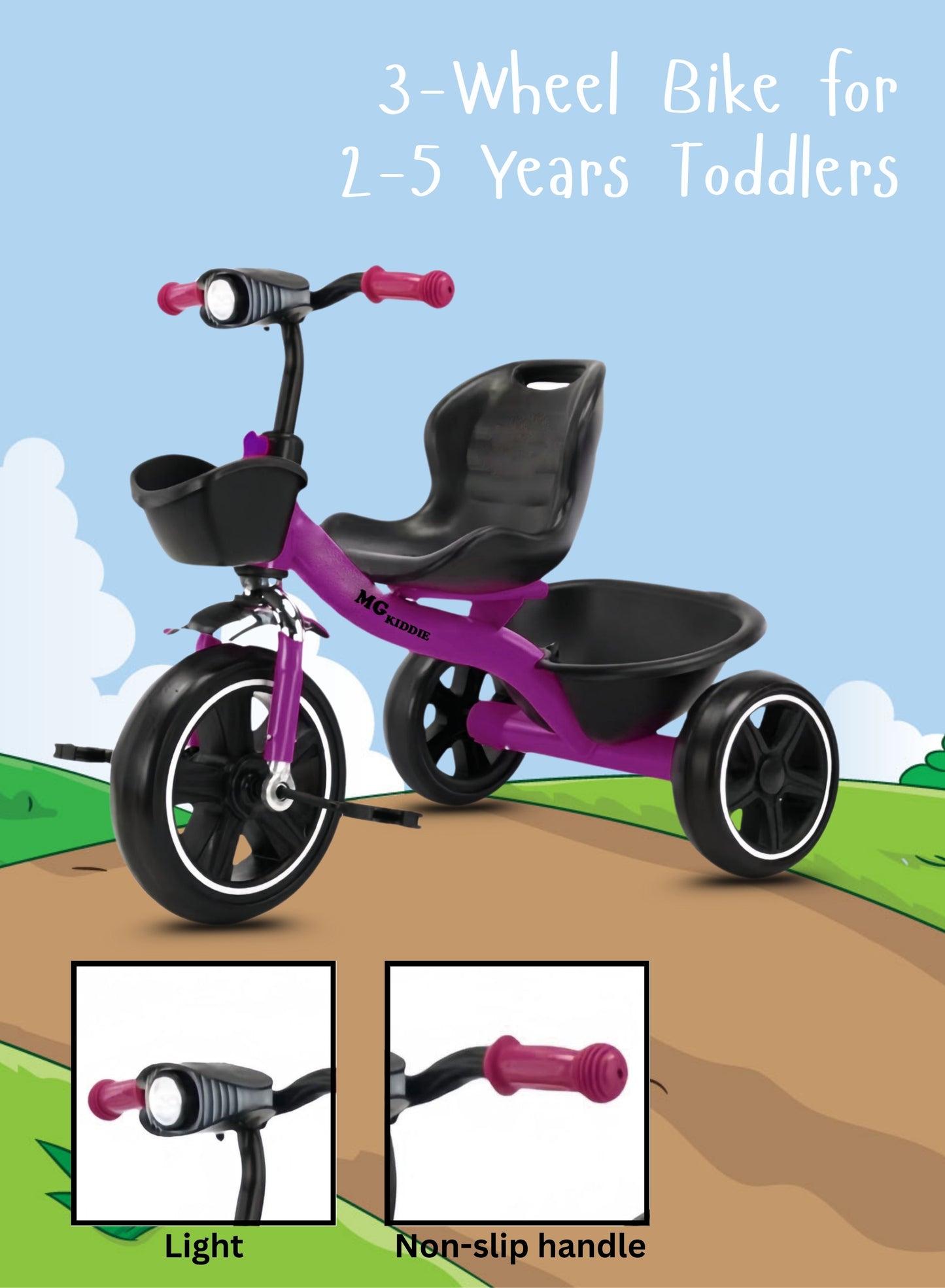 MG Tricycle for Kids | 3-Wheels Bike Scooters | Age 2 to 6 Years-| Front and Rear Basket | Front Light | Adjustable Seat | Non-Slip Tires - MGT907 PURPLE