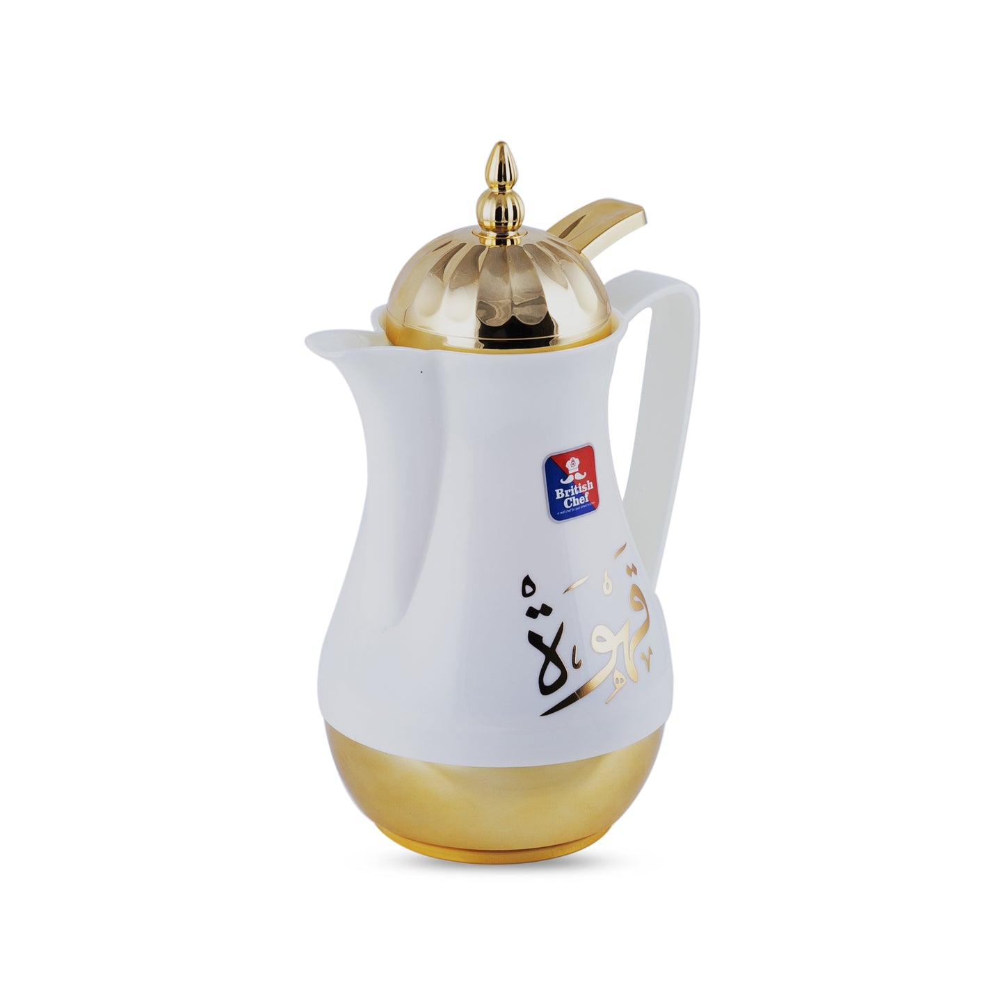 BRITISH CHEF Tea & Cawa Vacuum Flask Thermos with Double Wall Glass liner Insulated for Keeping Hot/Cold Long Hour | WHITE/GOLD | 1L - BC404