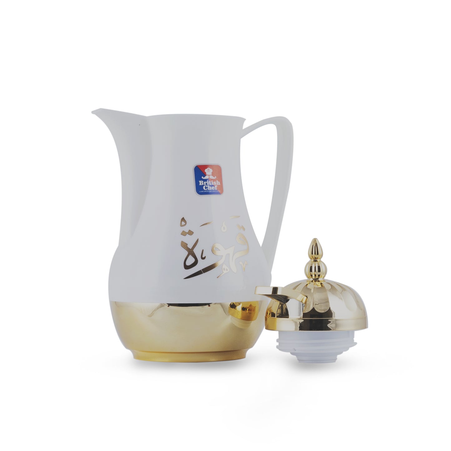 BRITISH CHEF Tea & Cawa Vacuum Flask Thermos with Double Wall Glass liner Insulated for Keeping Hot/Cold Long Hour | WHITE/GOLD | 1L - BC404