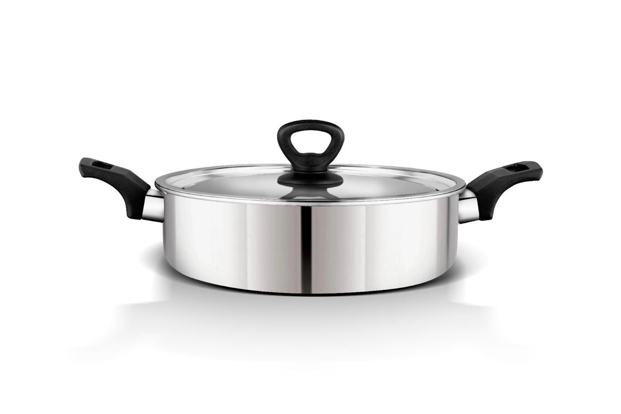 BRITISH CHEF Durable Stainless Steel Kadai & Cooking Pan 24cm | Heat Resistant Handle With Lid | Mirror Finish | Heavy Base Bottom | Oven Safe | Non-Stick Interior | Dishwasher Safe Silver/Black | BC178