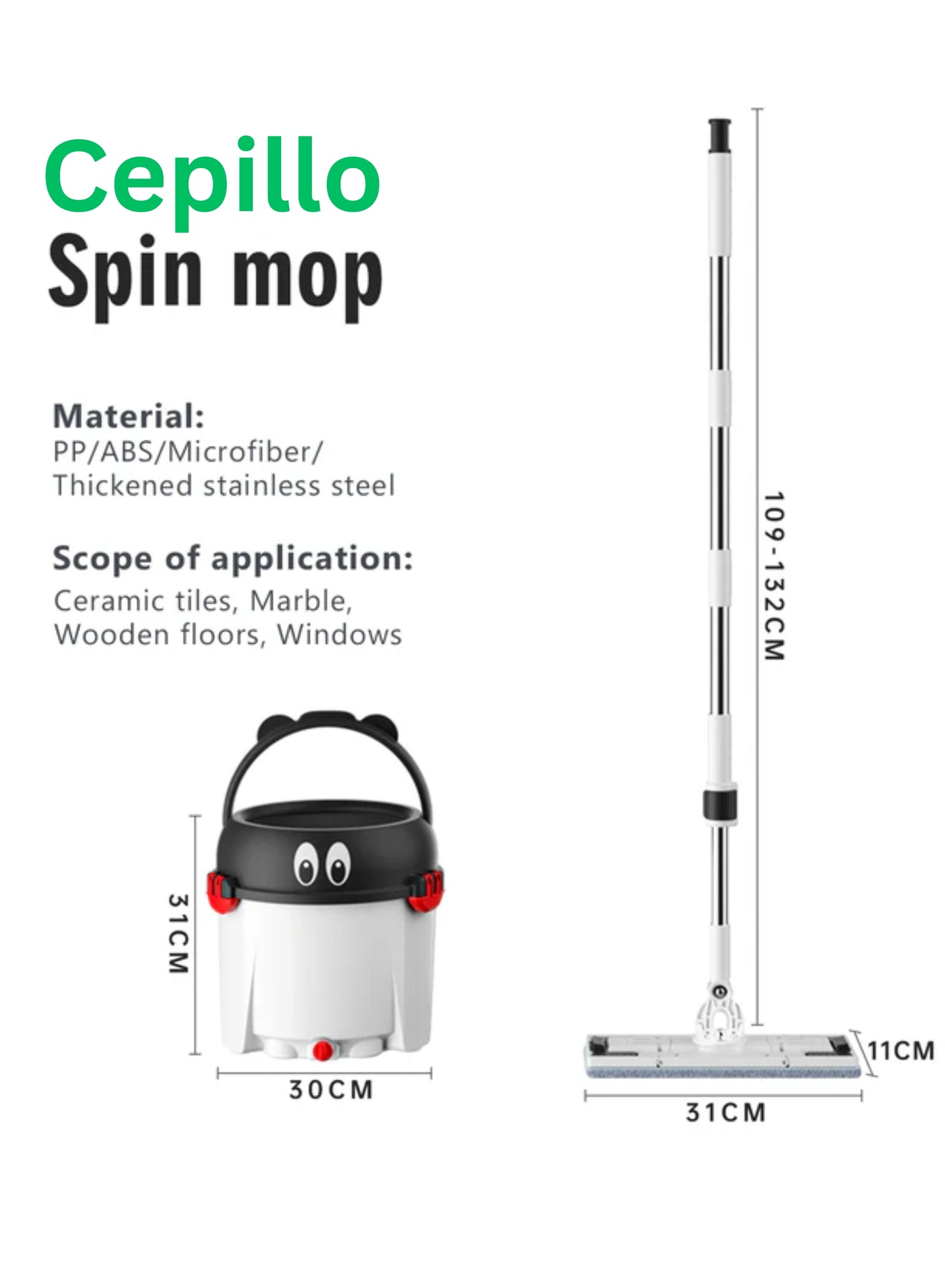 CEPILLO Magician Spin Mop Set | 360° Square Flat Rotating Mop | Seperates Clean and Dirty Water | Extendable Handle | 2 Extra Microfiber Pads | All Kinds Of Floor Cleaning - WHITE CP626