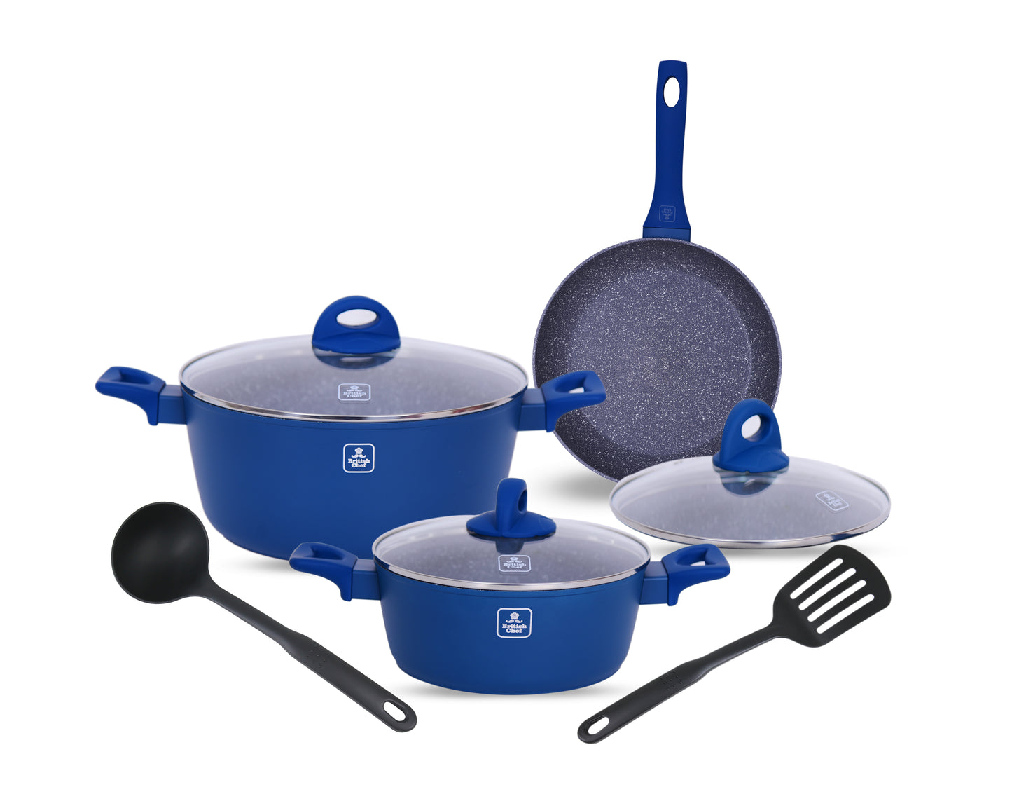 BRITISH CHEF 8 Piece Granite Coated Cookware Set, 28CM Forged Casserole + Lid, 22CM Forged Casserole + Lid, 26CM Forged Frypan + Lid, Nylon Turner, Nylon Ladle - BC110