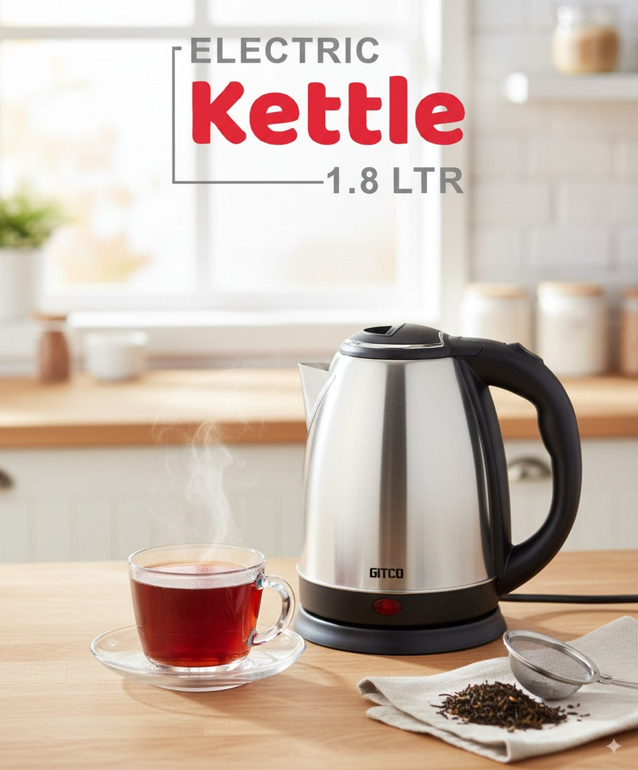 GITCO Electric Stainless Steel Kettle 1.8L Capacity with Auto Shut-Off, Fast Boiling & Dry Protection