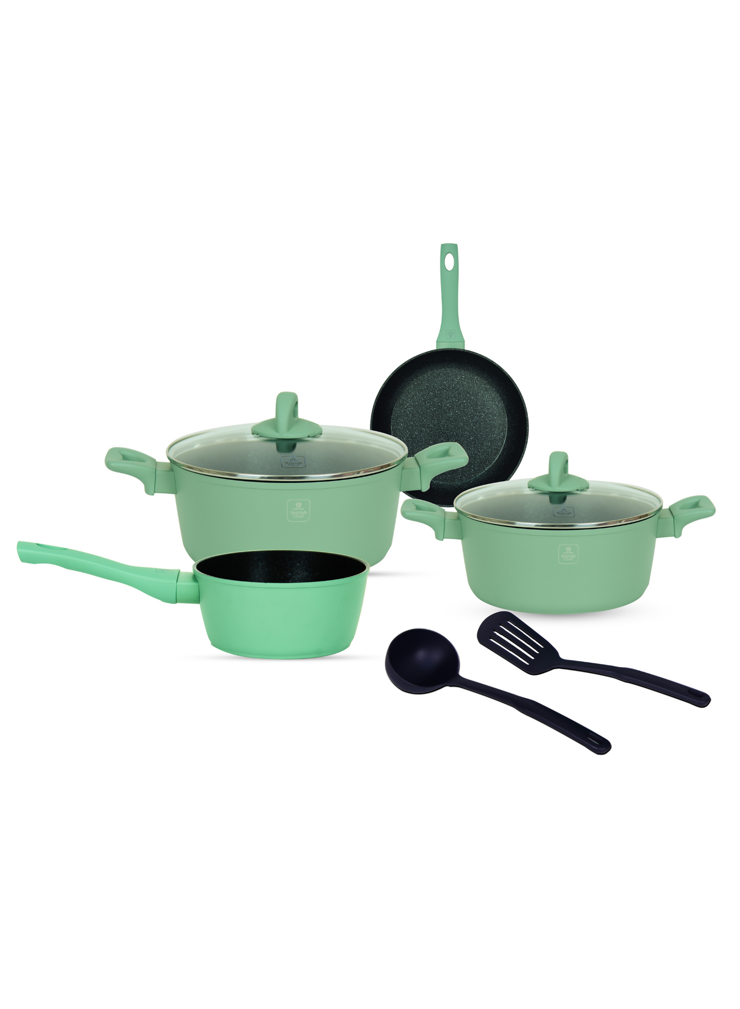 BRITISH CHEF 8 Piece Granite Coated Cookware Set, 28CM Casserole + Lid, 24CM Casserole + Lid, 16CM Saucepan, 28CM Frypan, Nylon Turner, Nylon Ladle - BC128