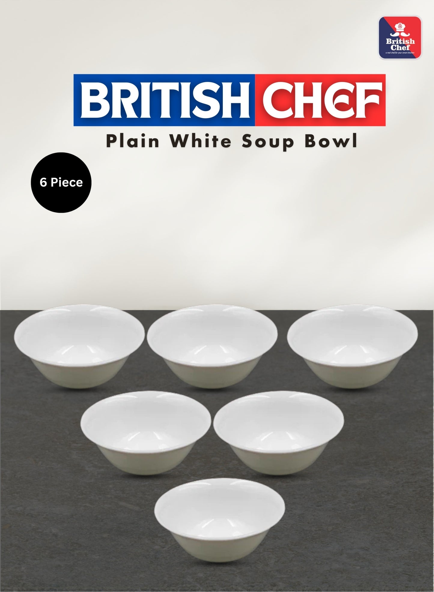 BRITISH CHEF 5inch Soup Bowl Plano Plane Plate | Easy to Store | Durable | Break Resistant | Dishwasher Safe | Set of 6 pcs | White | BC2019