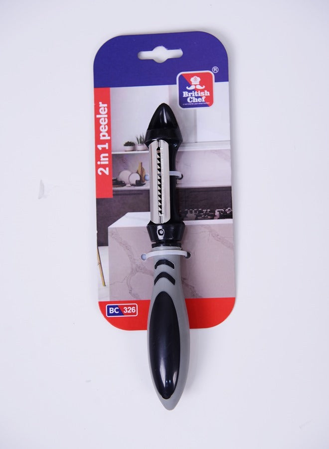 BRITISH CHEF 2 in 1 Peeler | Non-Slip Rubber Handle Design | Stainless Steel 2 Blades | Multiple Sharp Blades | Vegetables Scrapper/Slicer | Fruit Eye Remover | BC326