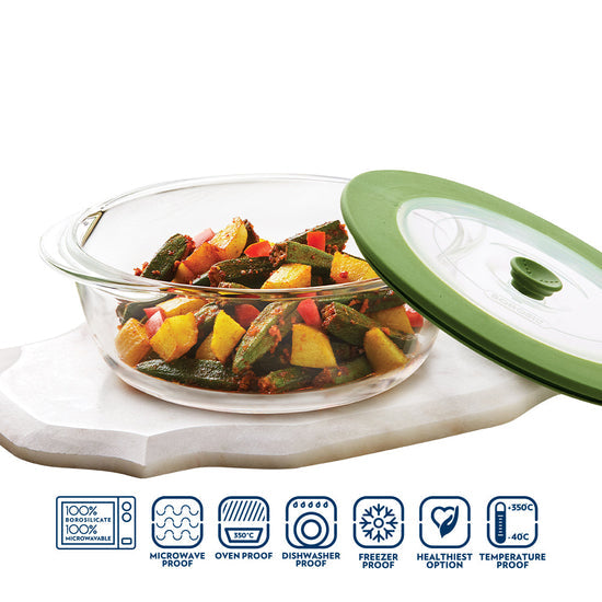 BOROSIL Easy Grip Round & Square Cake Baking Serving Dish With Green Lid | Microwavable | Oven | Dishwasher Proof | Transparent | 1L