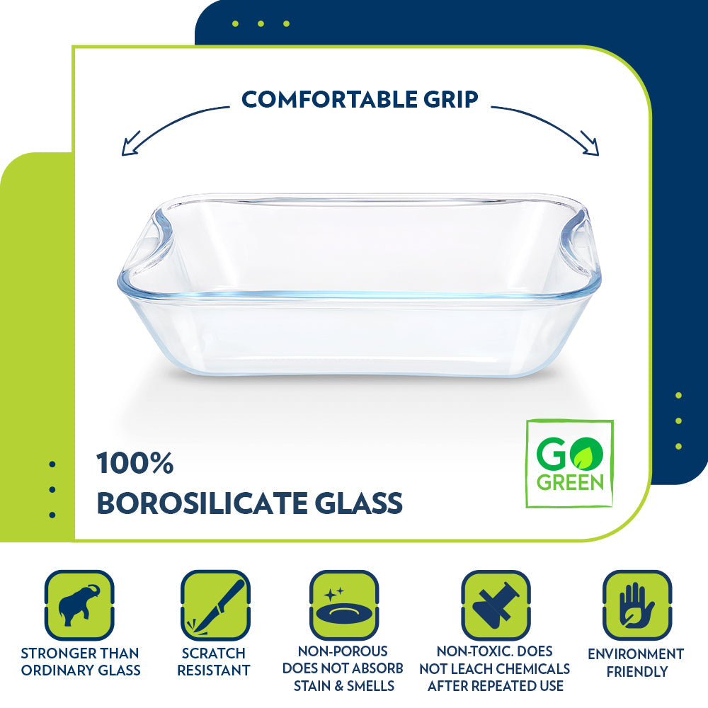 BOROSIL Easy Grip Rectangular Dish With Handle | Microwaveble | Oven | Dishwasher Proof | Transparent | 2.5L | IH22RCR7225EX